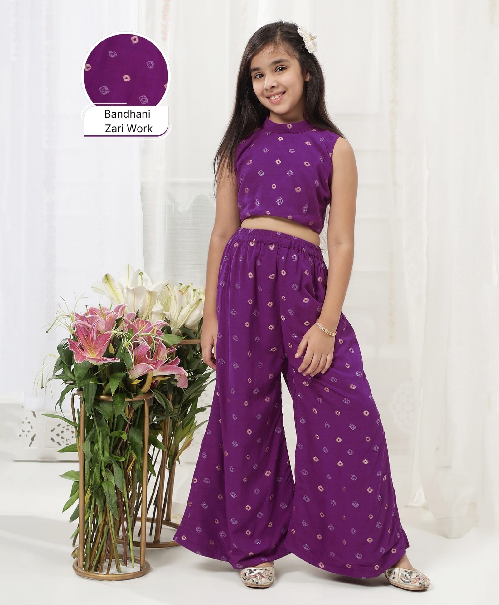 Little Bansi Pure Cotton Woven Sleeveless Bandhani Embroidered Top & Palazzo Set - Purple-image-5