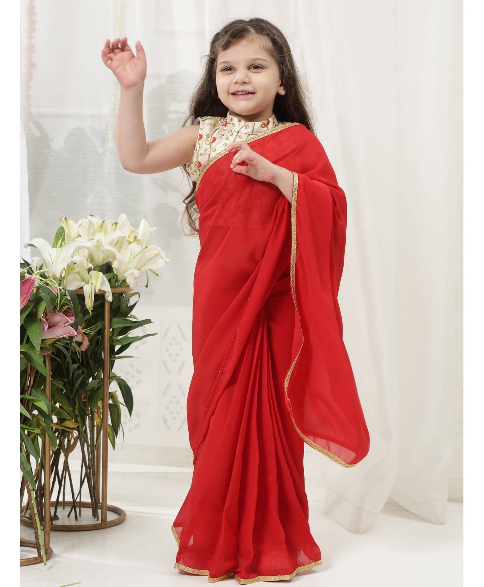 Little Bansi Brocade Woven Sleeveless Floral Embroidered Blouse With Lace Embellished Wrap Around Saree Set - Red-image-21