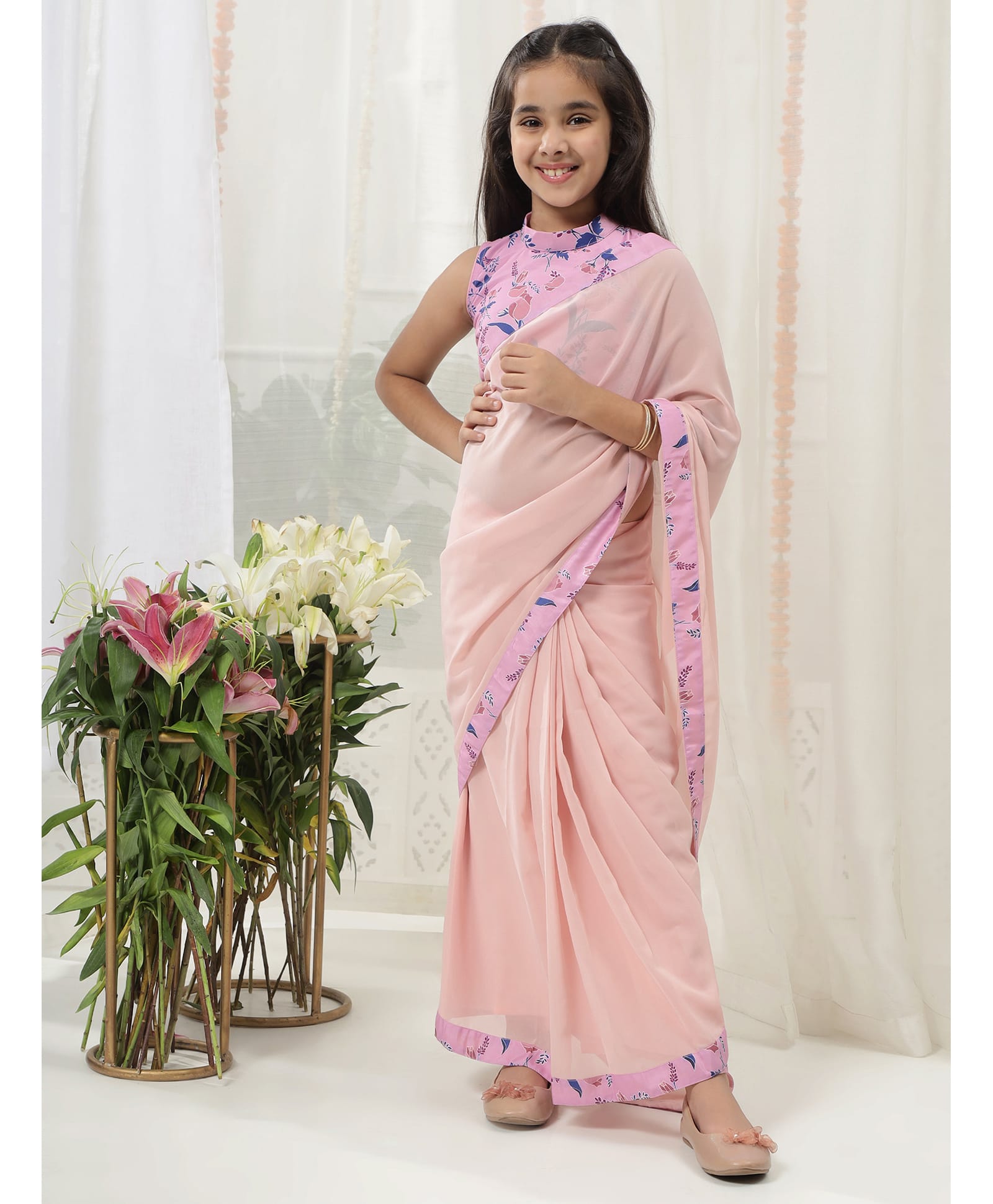 Little Bansi Muslin Woven Sleeveless Floral Printed Blouse With Wrap Around Saree Set - Peach-picture-32