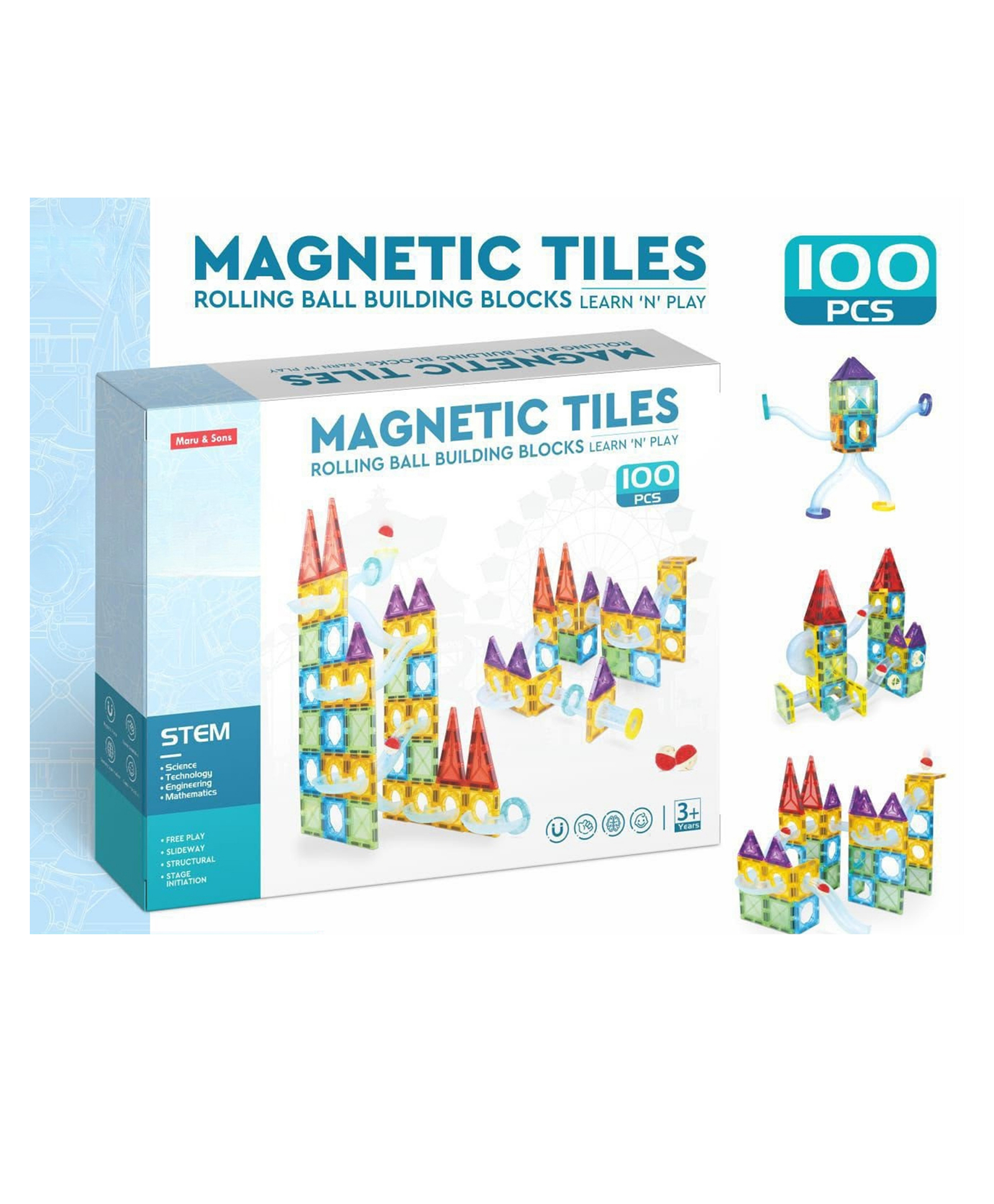 YAMAMA 100 Pcs Magnetic Tiles Rolling Ball Building Blocks Set for Kids, 3D STEM Educational Marble Run Construction MBB-100 Building Blocks Magnetic Tiles Toys for Kids - Multicolor-image-38