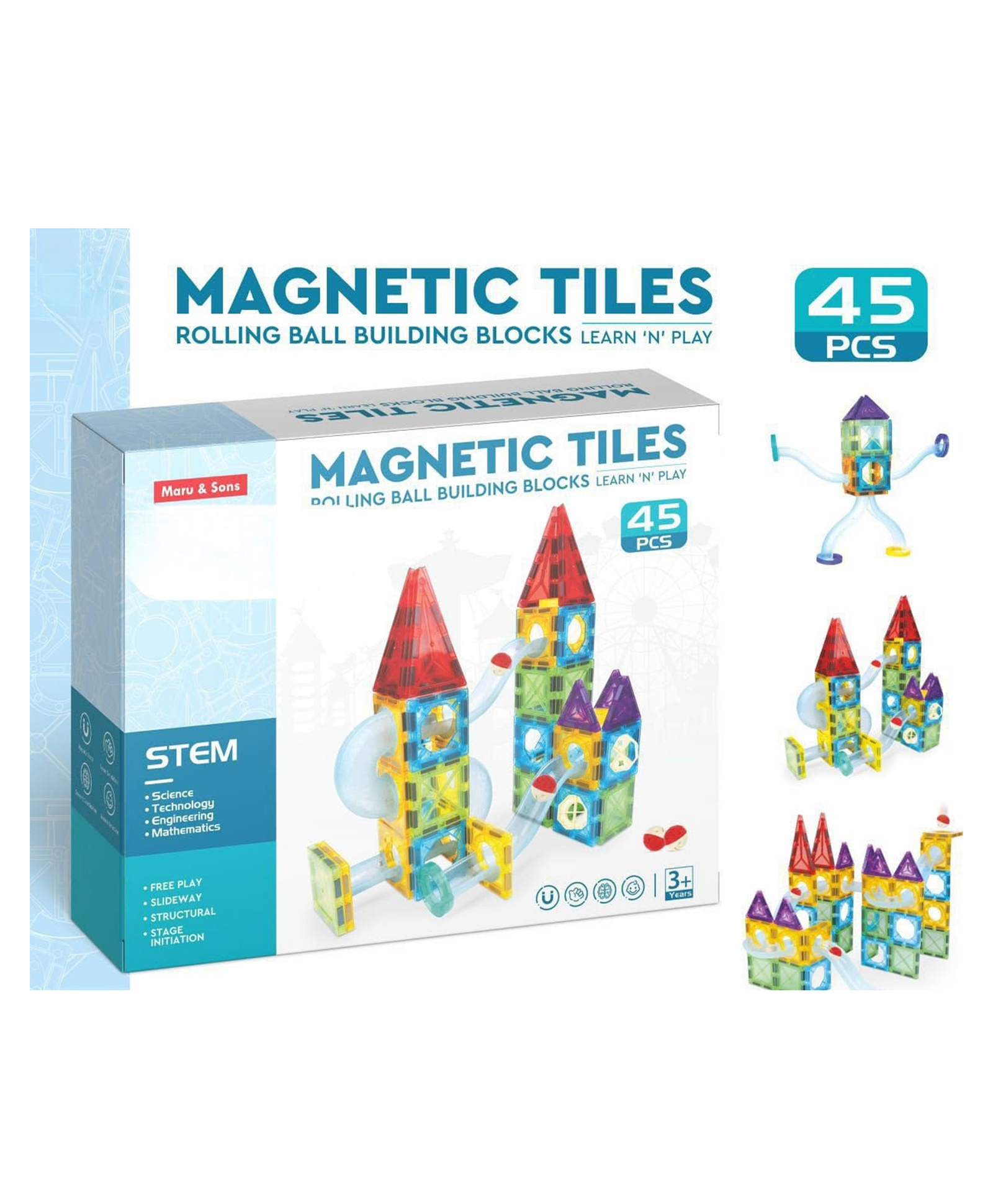 YAMAMA 45 Pcs Magnetic Tiles Rolling Ball Building Blocks Set for Kids, 3D STEM Educational Marble Run Construction MBB-45 Building Blocks Magnetic Tiles Toys for Kids - Multicolor-image-37