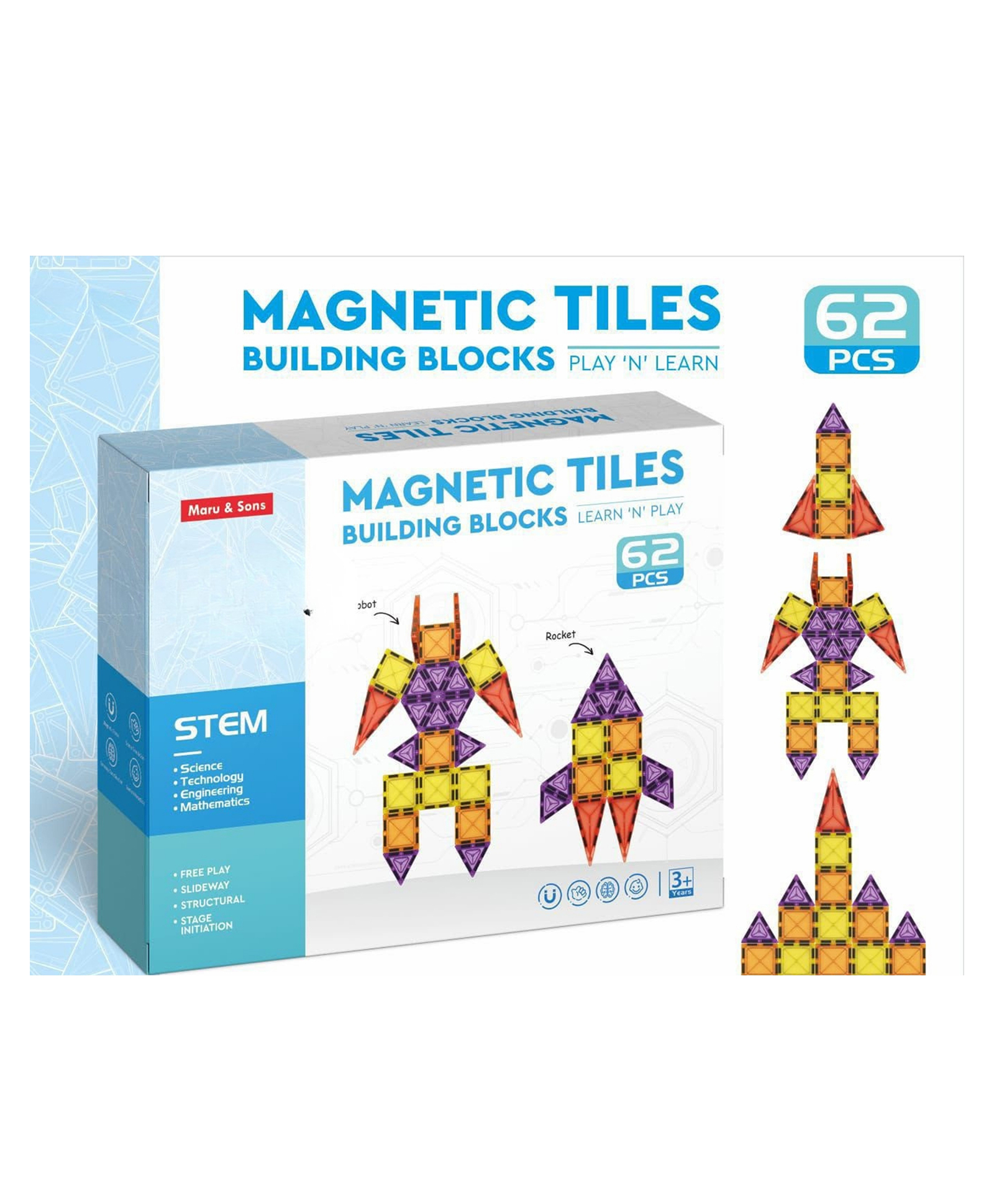 YAMAMA 62 Pcs Magnetic Tiles Building Blocks Set for Kids, 3D STEM Educational Creative Construction MT-62 Building Blocks Magnetic Tiles Toys for Kids - Multicolor-image-36