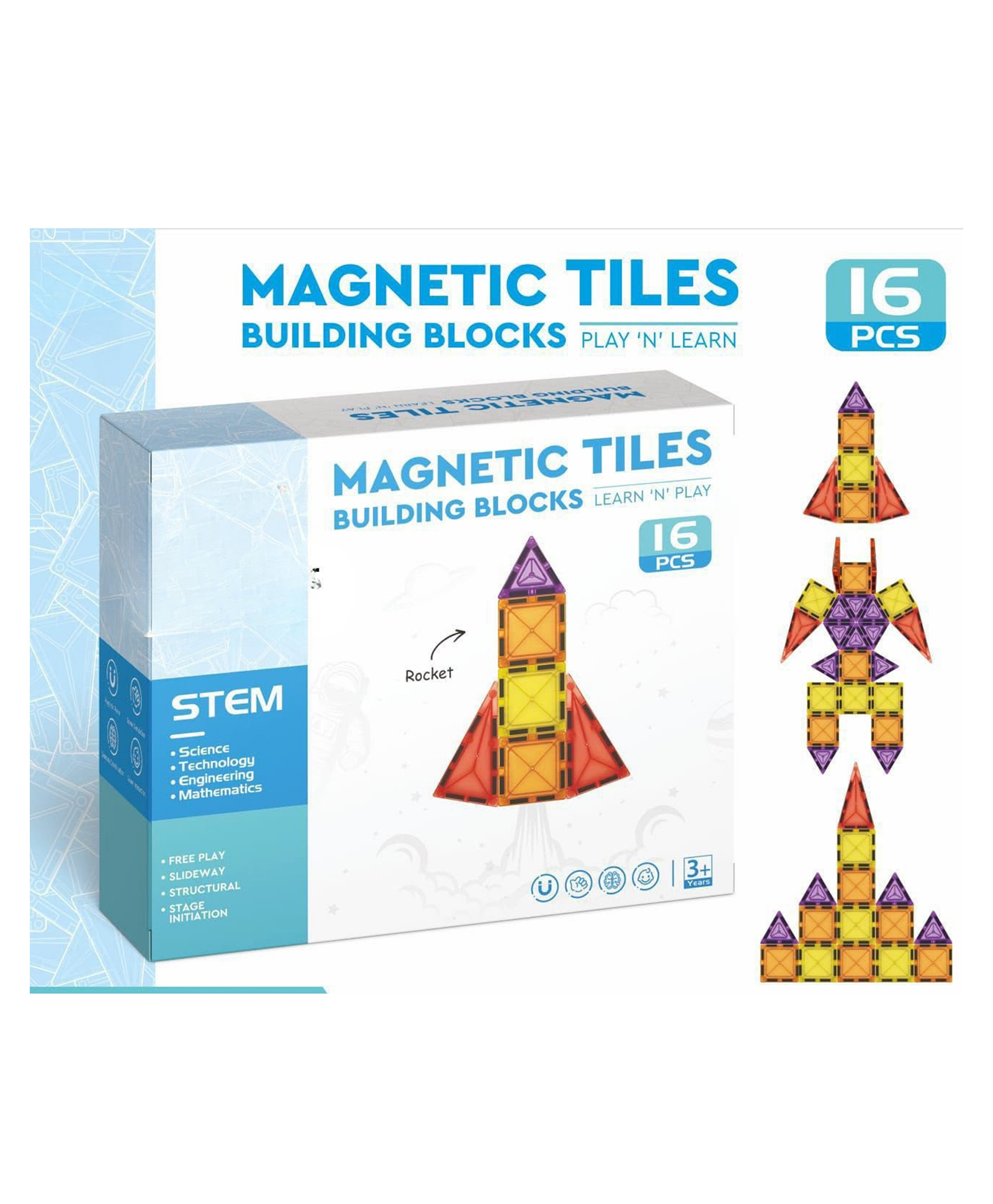 YAMAMA 16 Pcs Magnetic Tiles Building Blocks Set for Kids, 3D STEM Educational Creative Construction MT-16 Building Blocks Magnetic Tiles Toys for Kids - Multicolor-image-33