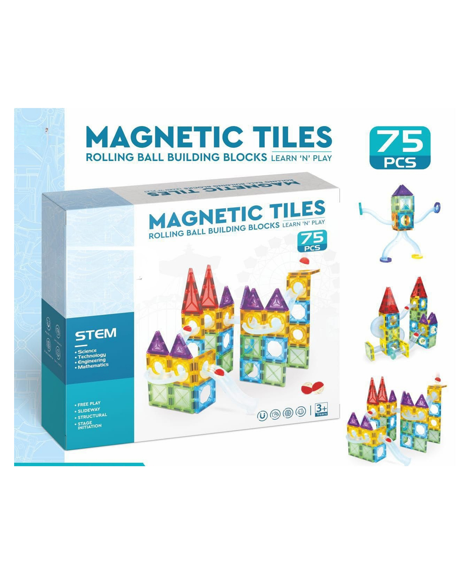 YAMAMA 75 Pcs Magnetic Tiles Rolling Ball Building Blocks Set for Kids, 3D STEM Educational Marble Run Construction MBB-75 Building Blocks Magnetic Tiles Toys for Kids - Multicolor-image-9
