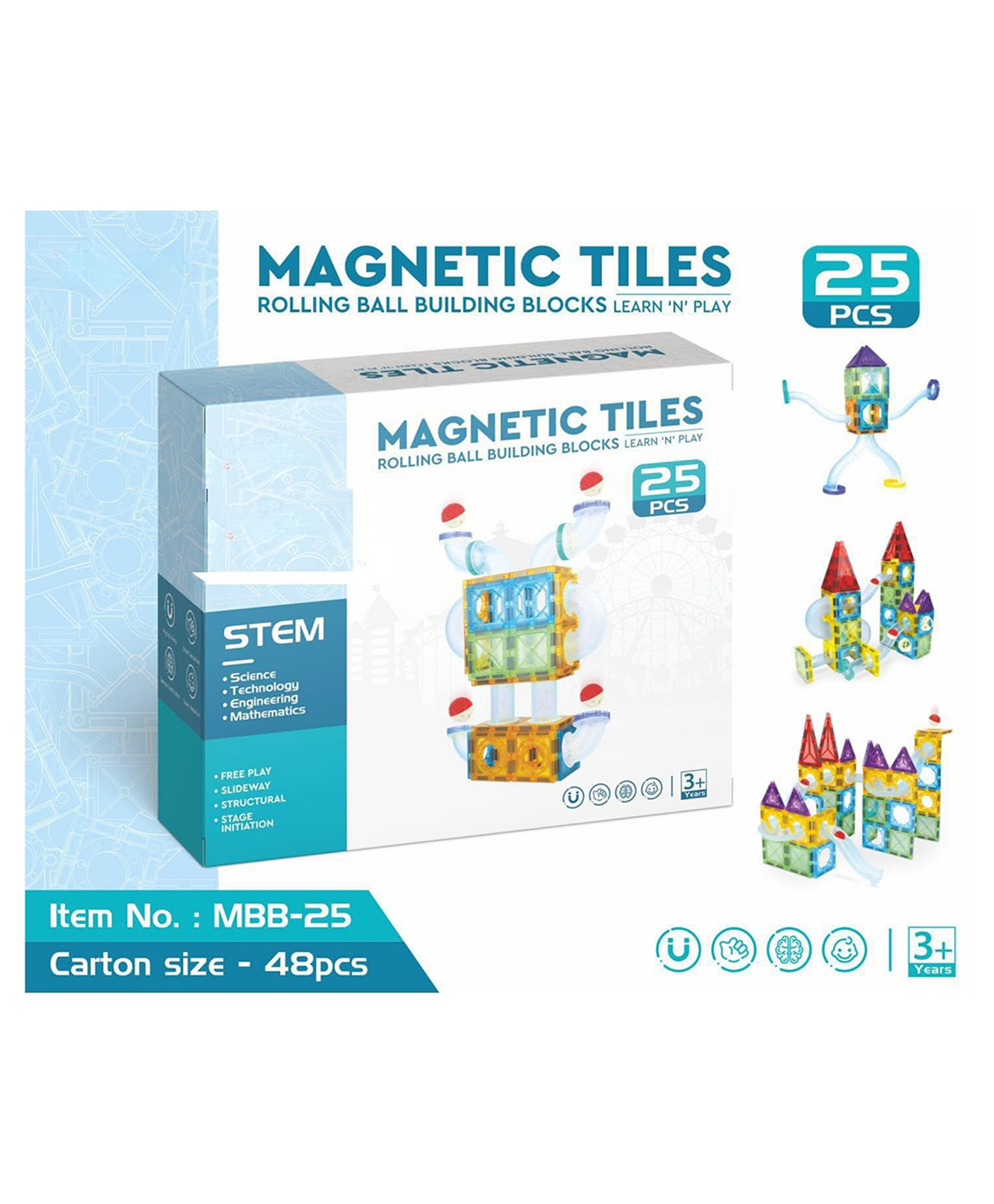 YAMAMA 25 Pcs Magnetic Tiles Rolling Ball Building Blocks Set for Kids, 3D STEM Educational Marble Run Construction MBB-25 Building Blocks Magnetic Tiles Toys for Kids - Multicolor-image-12