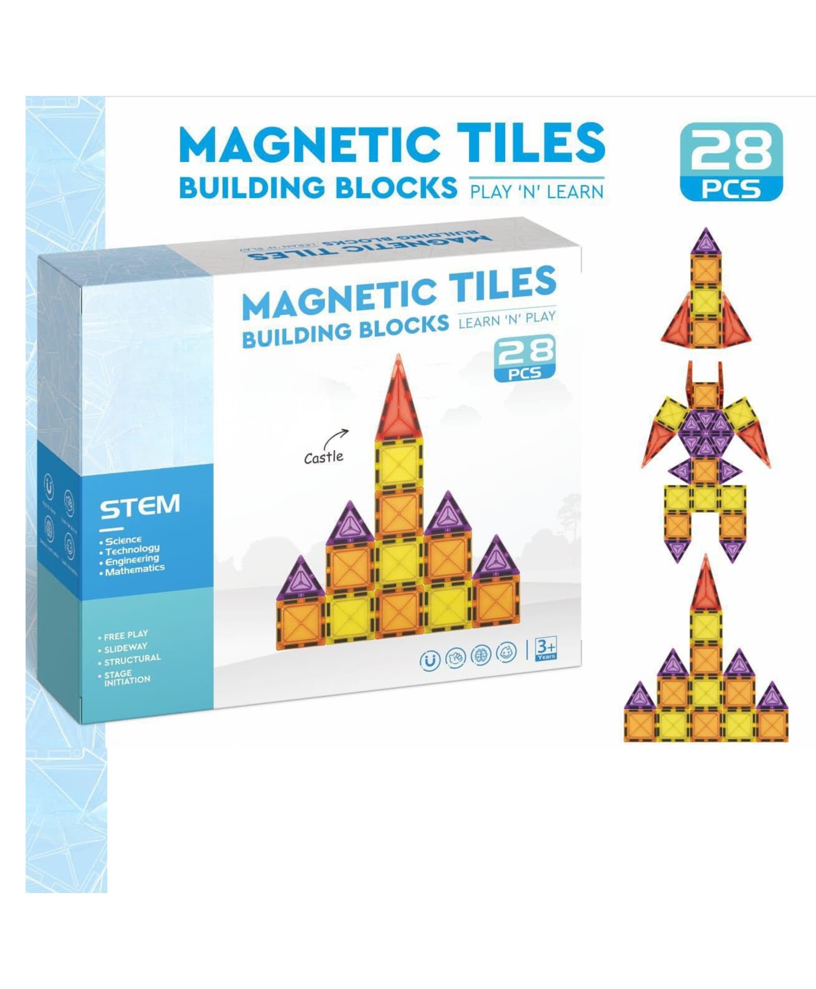 YAMAMA 28 Pcs Magnetic Tiles Building Blocks Set for Kids, 3D STEM Educational Creative Construction MT-28 Building Blocks Magnetic Tiles Toys for Kids - Multicolor-image-34