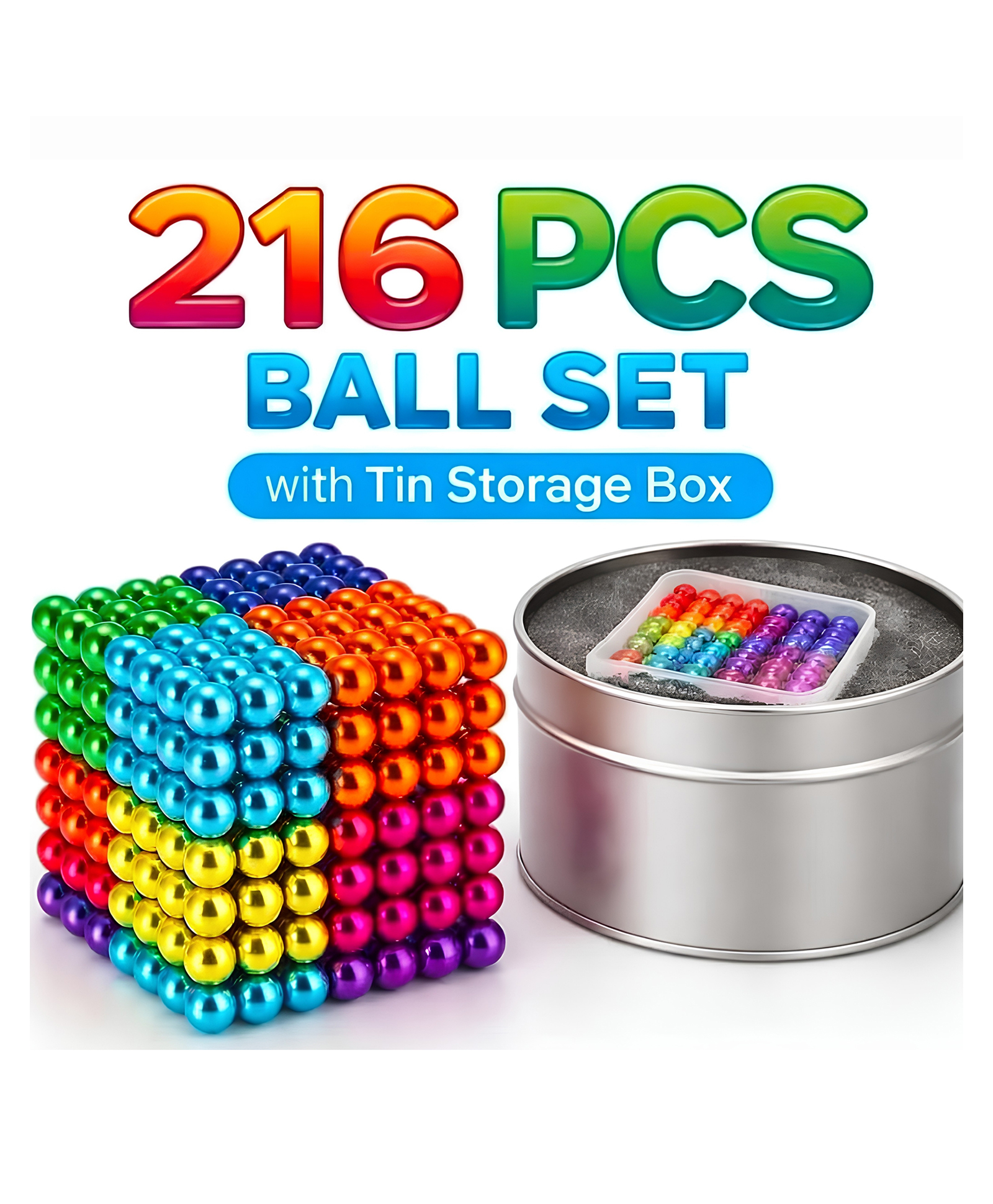 YAMAMA 216 Pcs Magnetic Balls Set with Metal Storage Tin Box, Rainbow Magnetic Building Blocks, 5mm Magnetic Sphere Puzzle, Stress Relief Desk Toy, DIY Creative Educational Brain Game for Kid & Adults-image-3