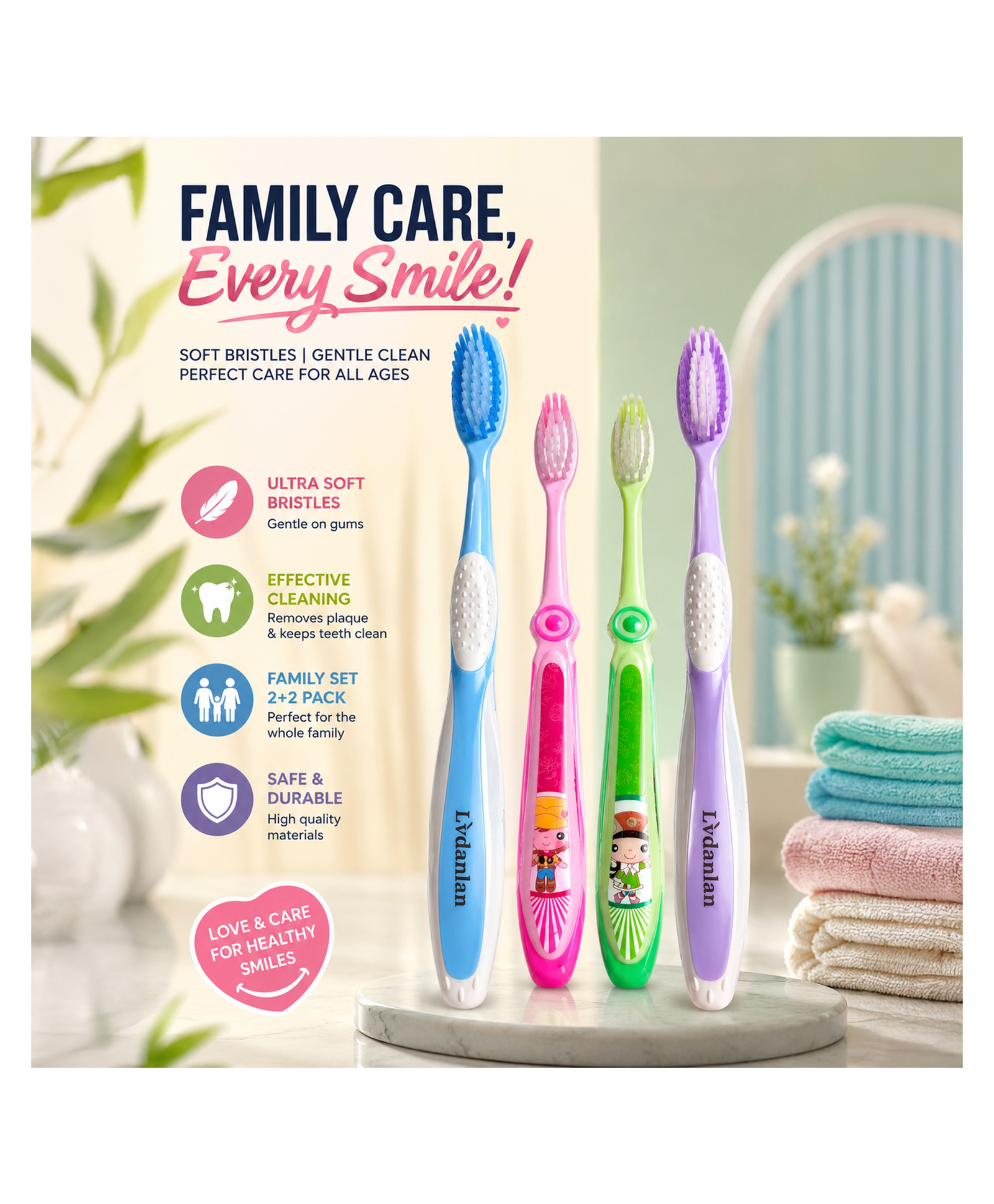 Yunicorn Max Family Toothbrush Set 2+2 - 2 Adult & 2 Kids Ultra Soft Bristle Toothbrushes with Deep Cleaning Oral Care Combo Pack