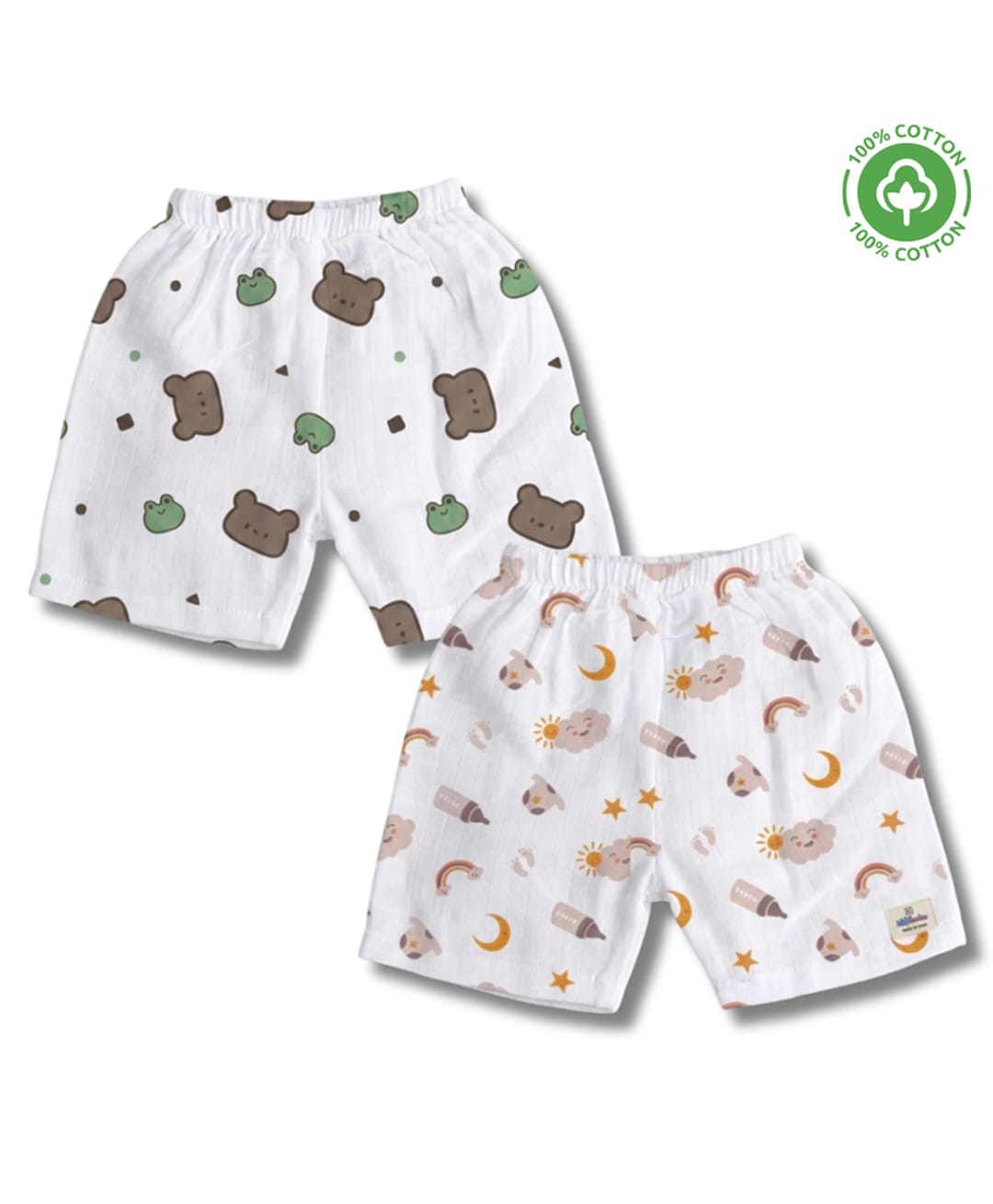 LazyToddler 100% Muslin Woven Pack Of 2 Teddy Bear & Clouds Printed Shorts - White-picture-17