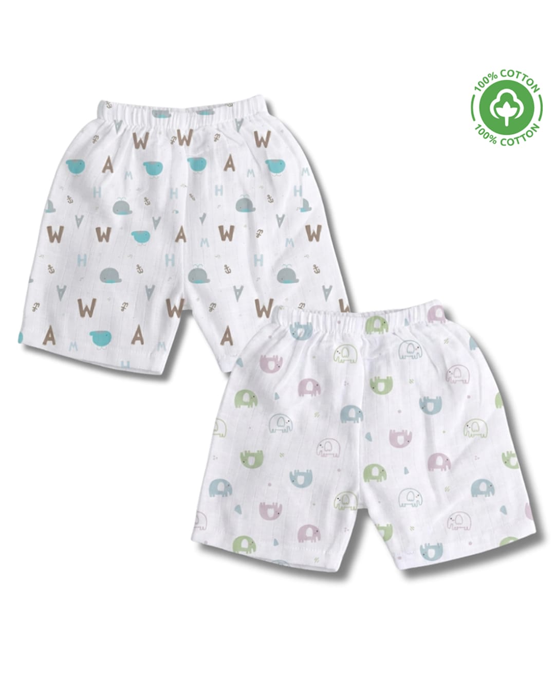 LazyToddler 100% Muslin Woven Pack Of 2 Alphabets & Elephants Printed Shorts - White-picture-10