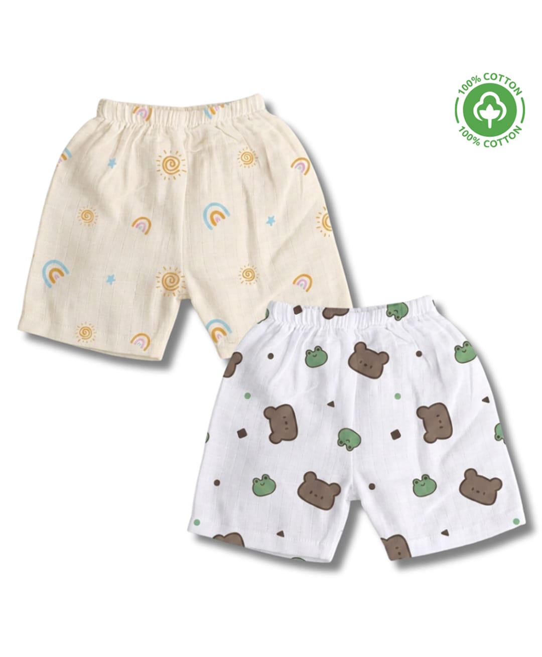 LazyToddler 100% Muslin Woven Pack Of 2 Rainbow & Teddy Bear Printed Shorts - White-picture-19