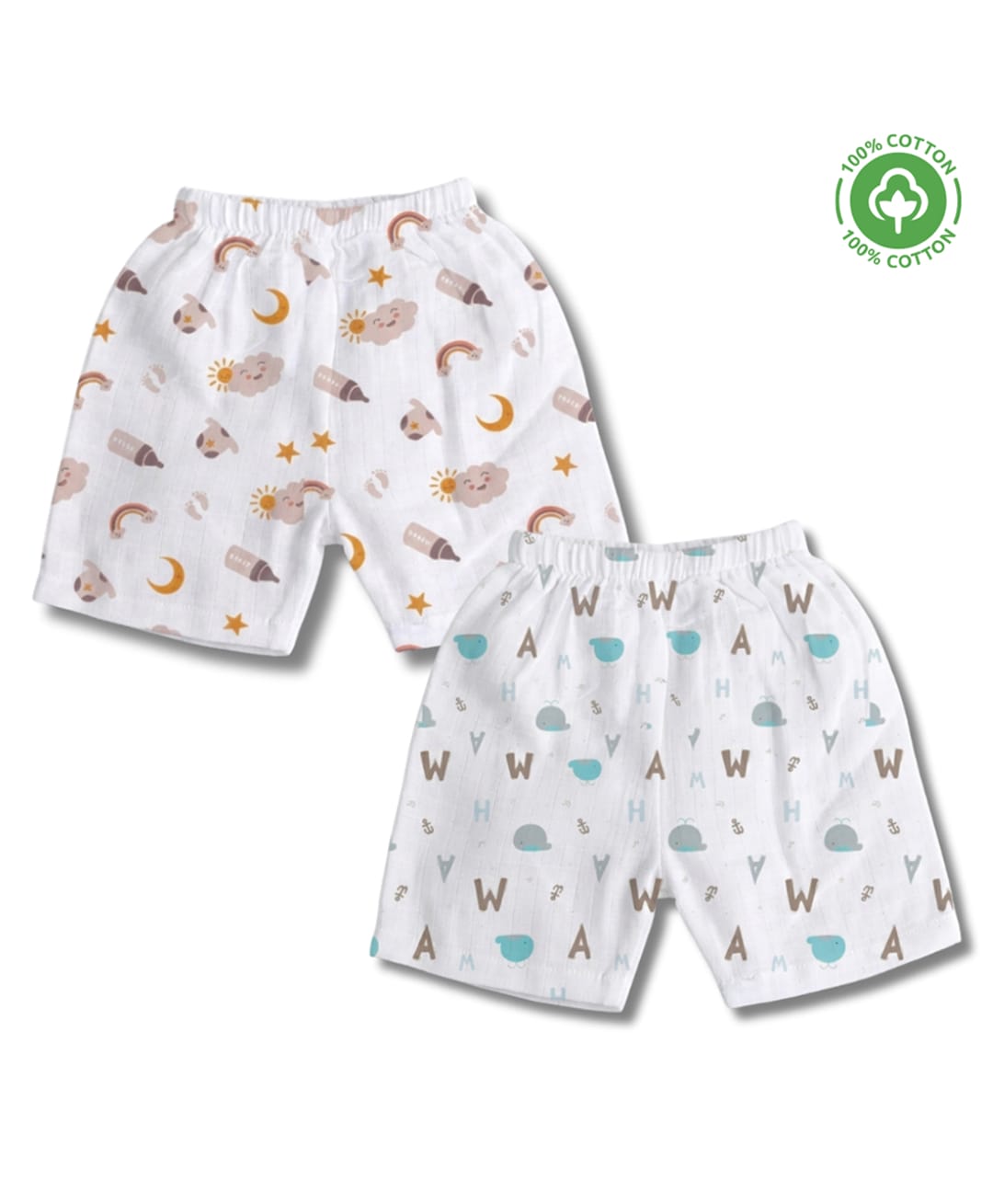 LazyToddler 100% Muslin Woven Pack Of 2 Alphabets & Night Sky Theme Printed Shorts - White-picture-28
