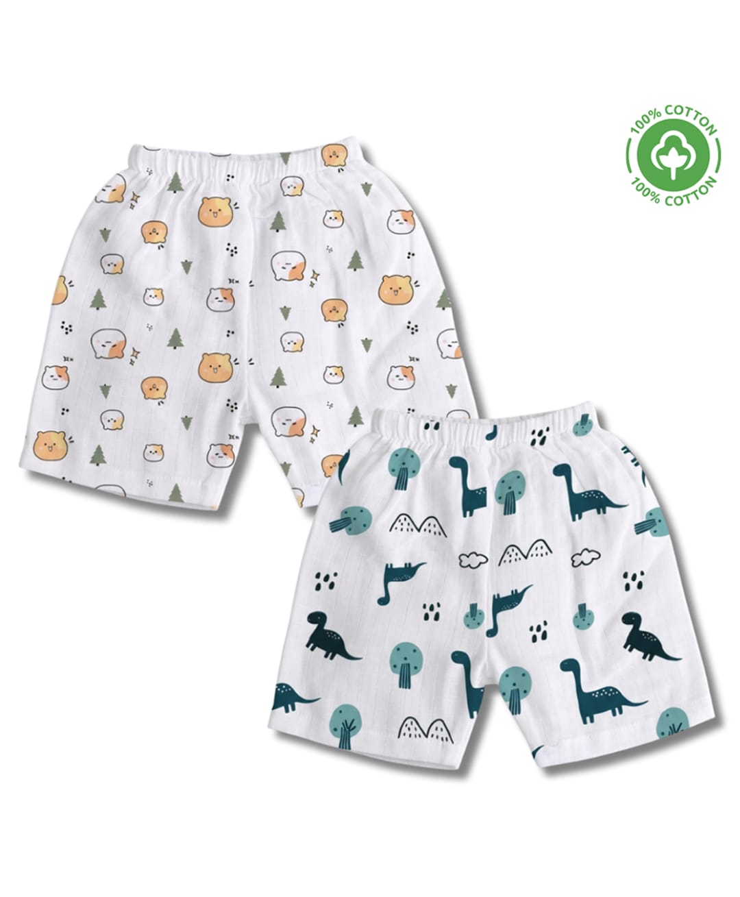 LazyToddler 100% Muslin Woven Pack Of 2 Animals & Dinosaurs Printed Shorts - White-picture-20