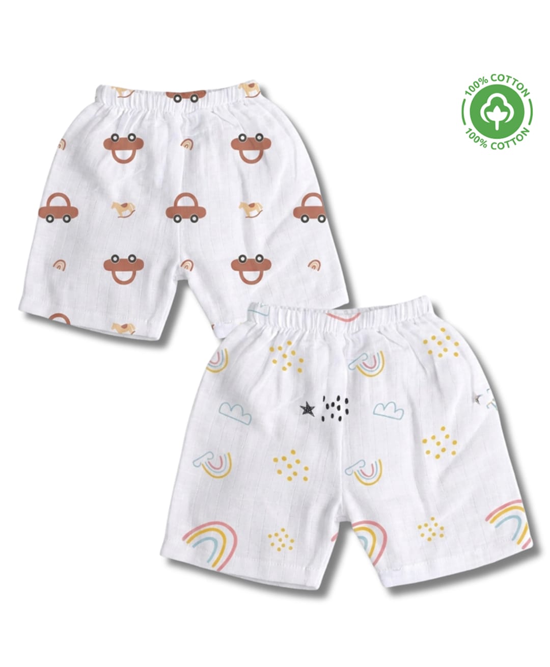 LazyToddler 100% Muslin Woven Pack Of 2 Car & Rainbow Printed Shorts - White-picture-19