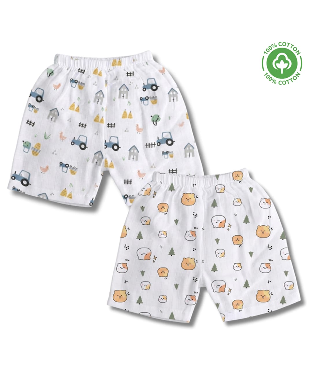 LazyToddler 100% Muslin Woven Pack Of 2 Tractor & Animal Printed Shorts - White-image-2