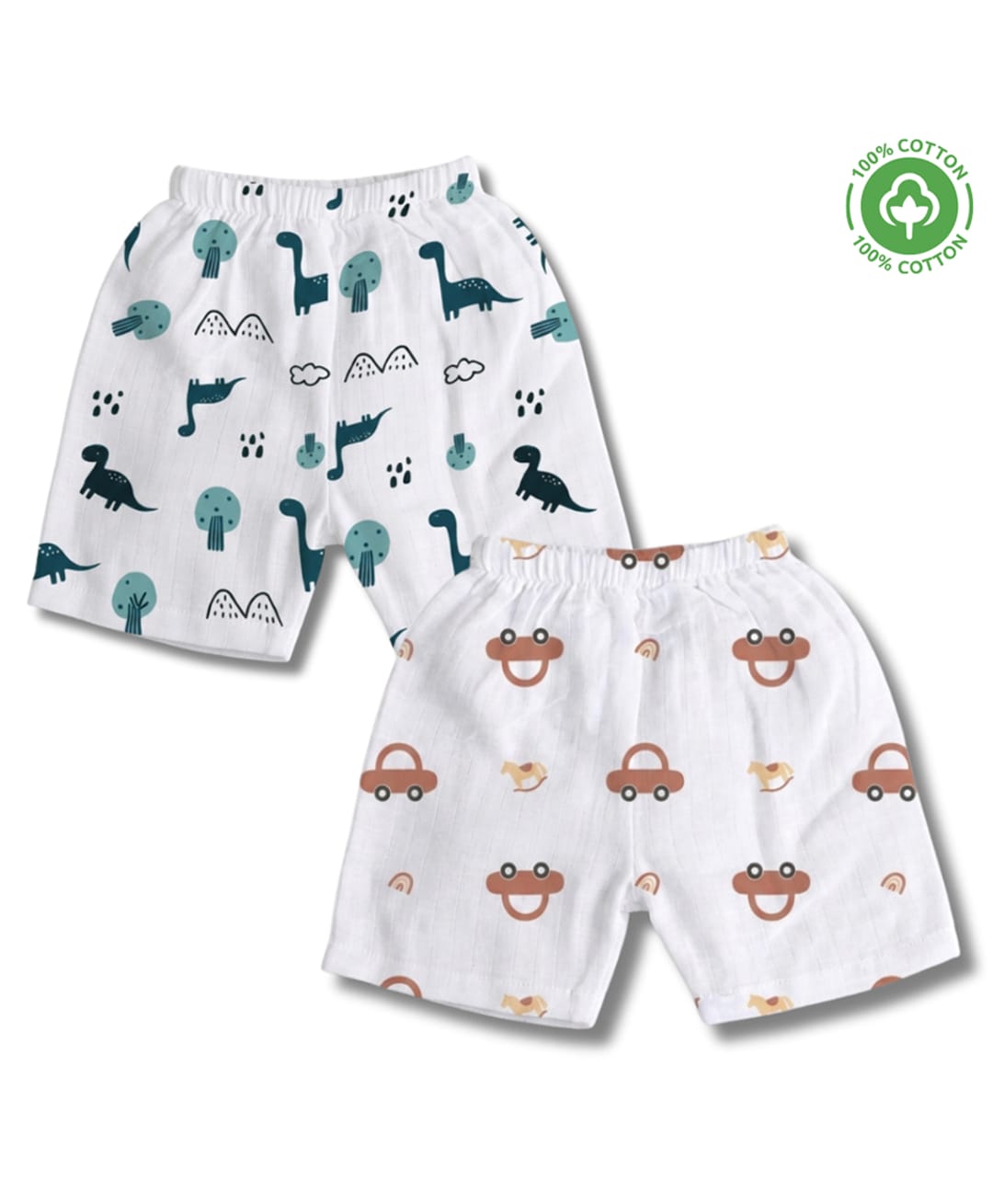 LazyToddler 100% Muslin Woven Pack Of 2 Car & Dinosaurs Printed Shorts - White-picture-17
