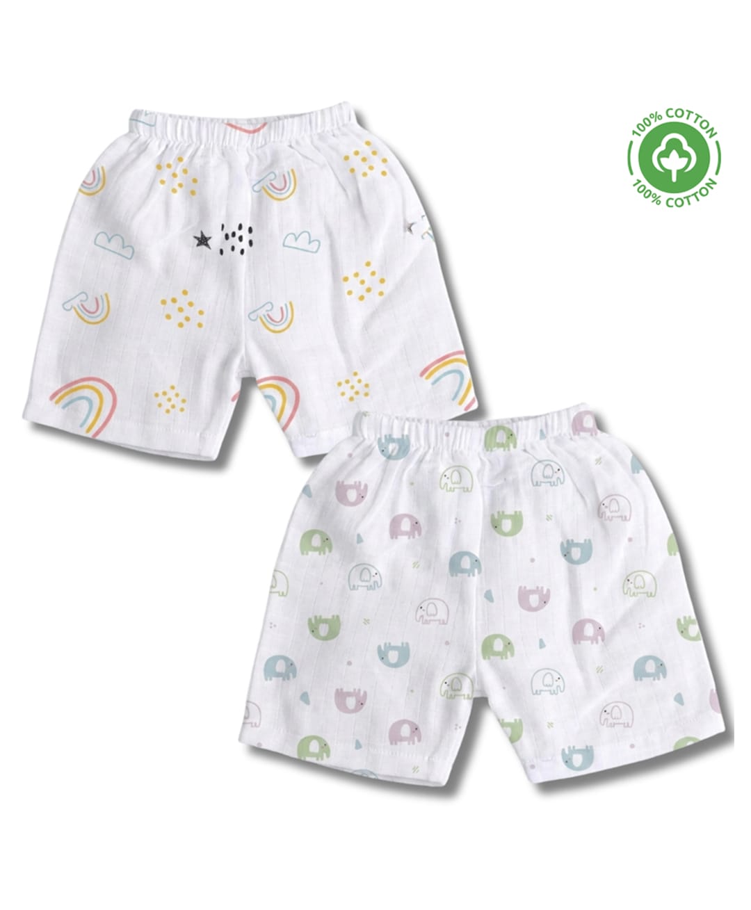 LazyToddler 100% Muslin Woven Pack Of 2 Rainbow & Elephants Printed Shorts - White-picture-17
