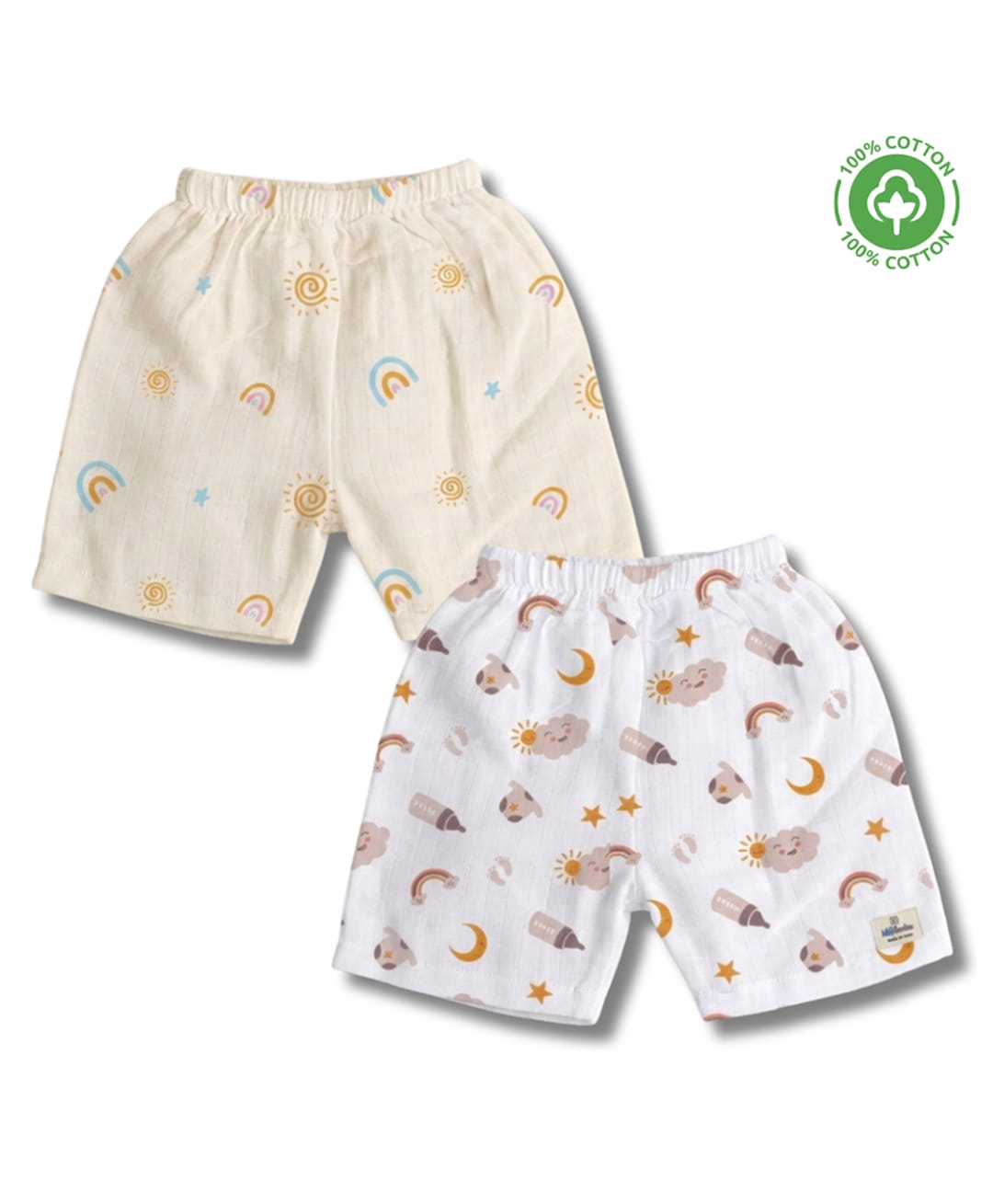 LazyToddler 100% Muslin Woven Pack Of 2 Rainbow & Night Sky Theme Printed Shorts - White-picture-18