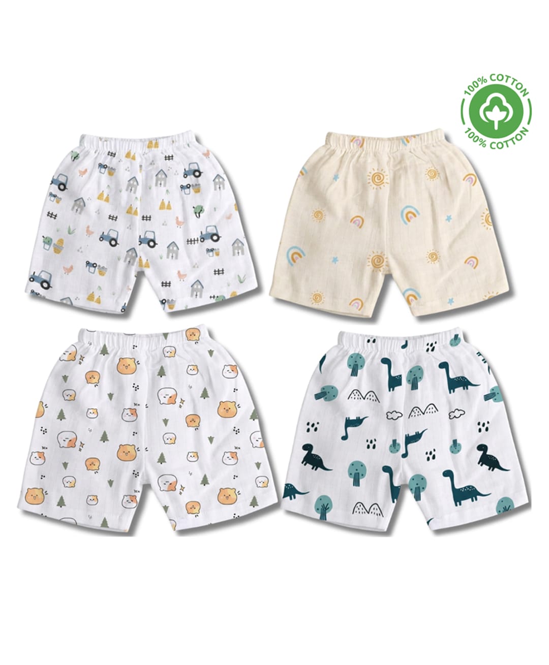 LazyToddler 100% Muslin Woven Pack Of 4 Rainbow Animal & Dinosaurs Printed Shorts - White-picture-23