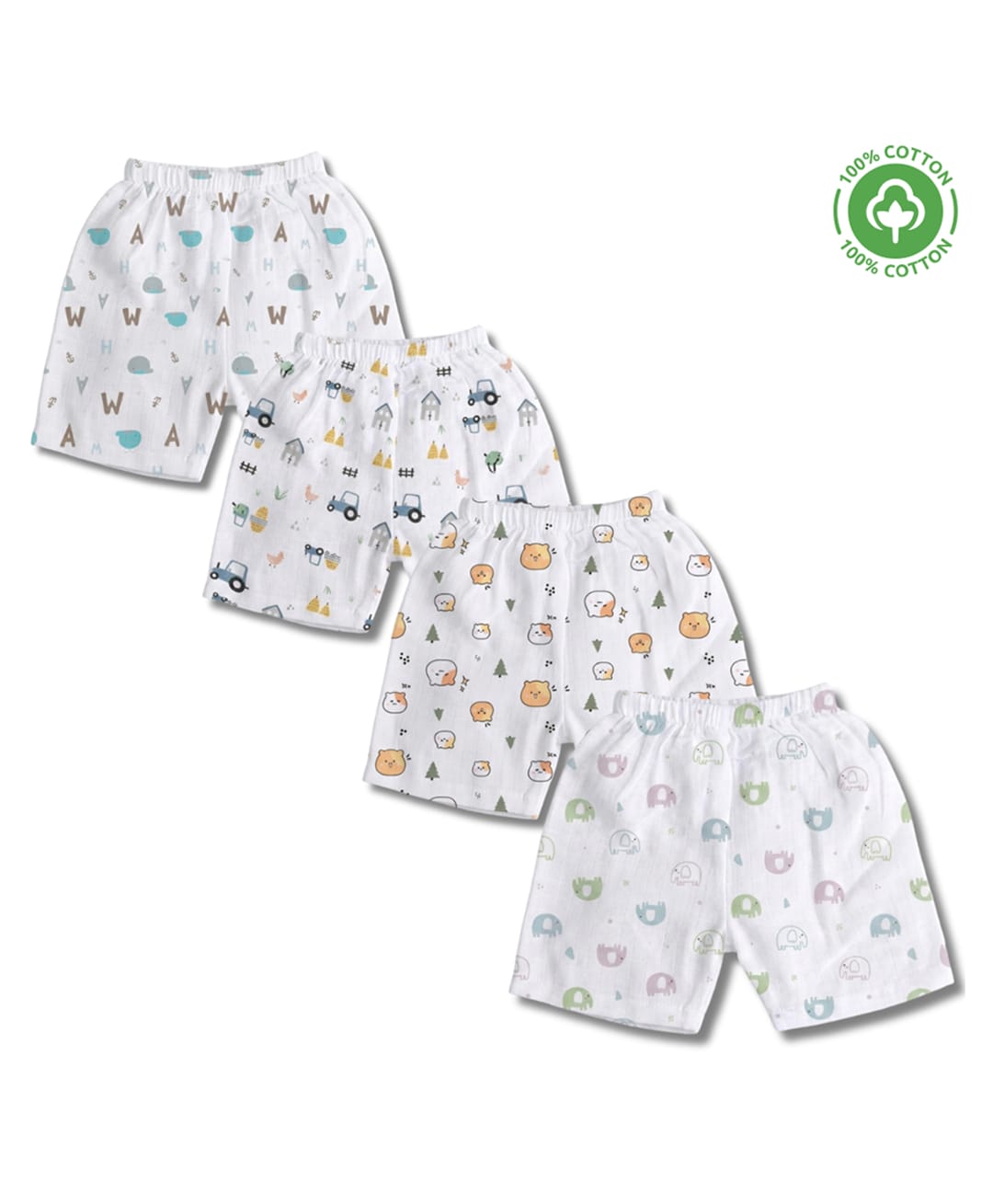 LazyToddler 100% Muslin Woven Pack Of 4 Tractors Animal & Elephants Printed Shorts - White-picture-19