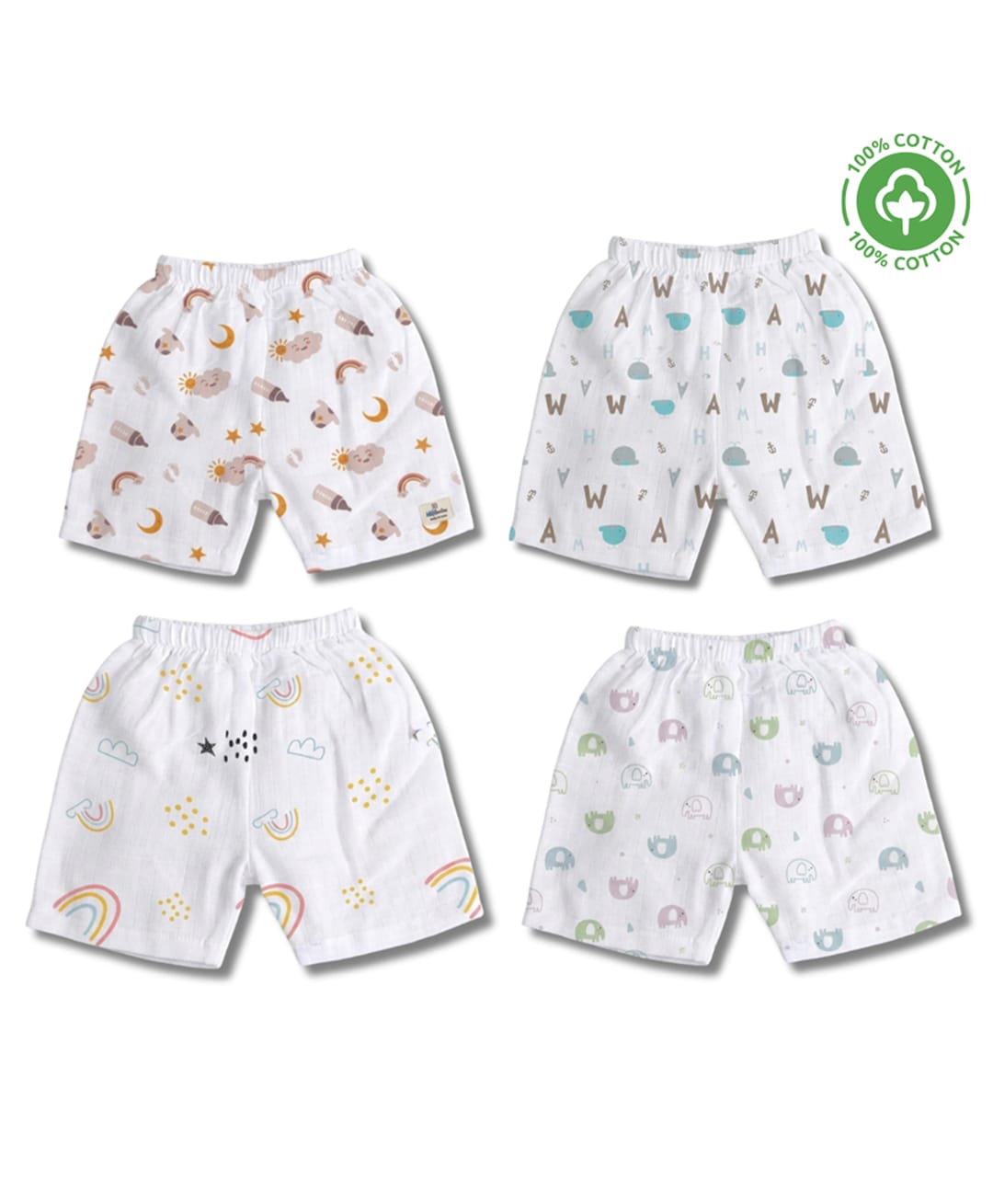 LazyToddler 100% Muslin Woven Pack Of 4 Rainbow Elephants & Alphabets Printed Shorts - White-picture-25