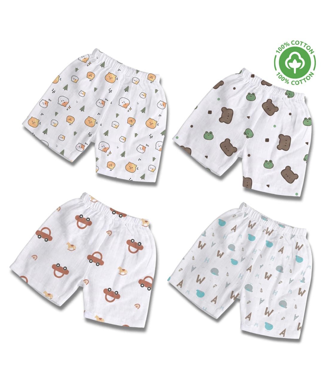 LazyToddler 100% Muslin Woven Pack Of 4 Animals Cars & Alphabets Printed Shorts - White-picture-25