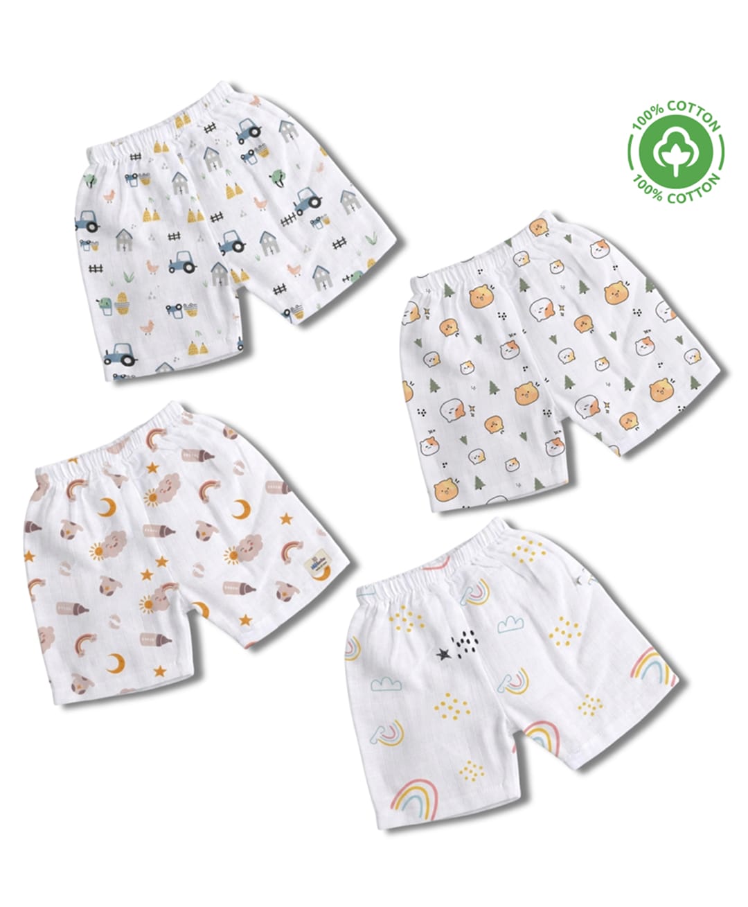 LazyToddler 100% Muslin Woven Pack Of 4 Rainbow Tractor & Animal Printed Shorts - White-picture-10