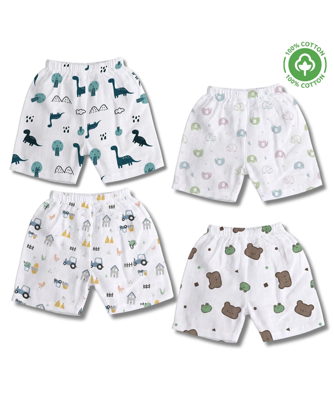 LazyToddler 100% Muslin Woven Pack Of 4 Dinosaur Elephants & Bear Printed Shorts - White-picture-19