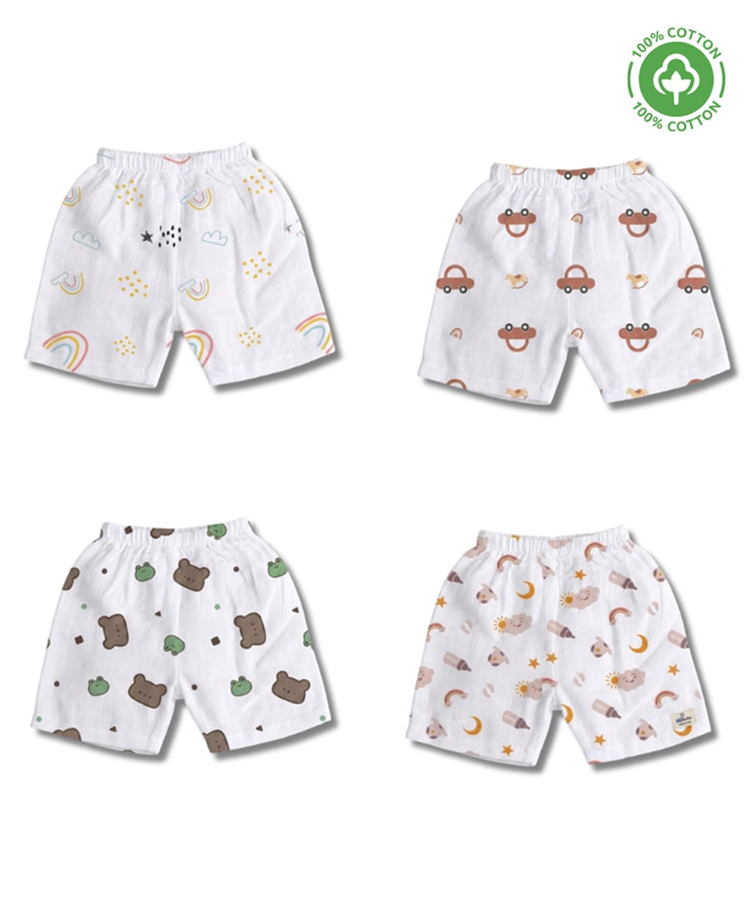 LazyToddler 100% Muslin Woven Pack Of 4 Rainbow Car & Bear Printed Shorts - White-picture-26