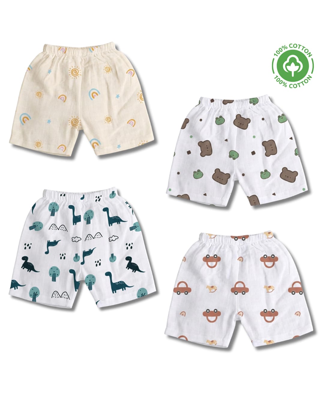 LazyToddler 100% Muslin Woven Pack Of 4 Rainbow Bear & Dinosaur Printed Shorts - White-picture-20