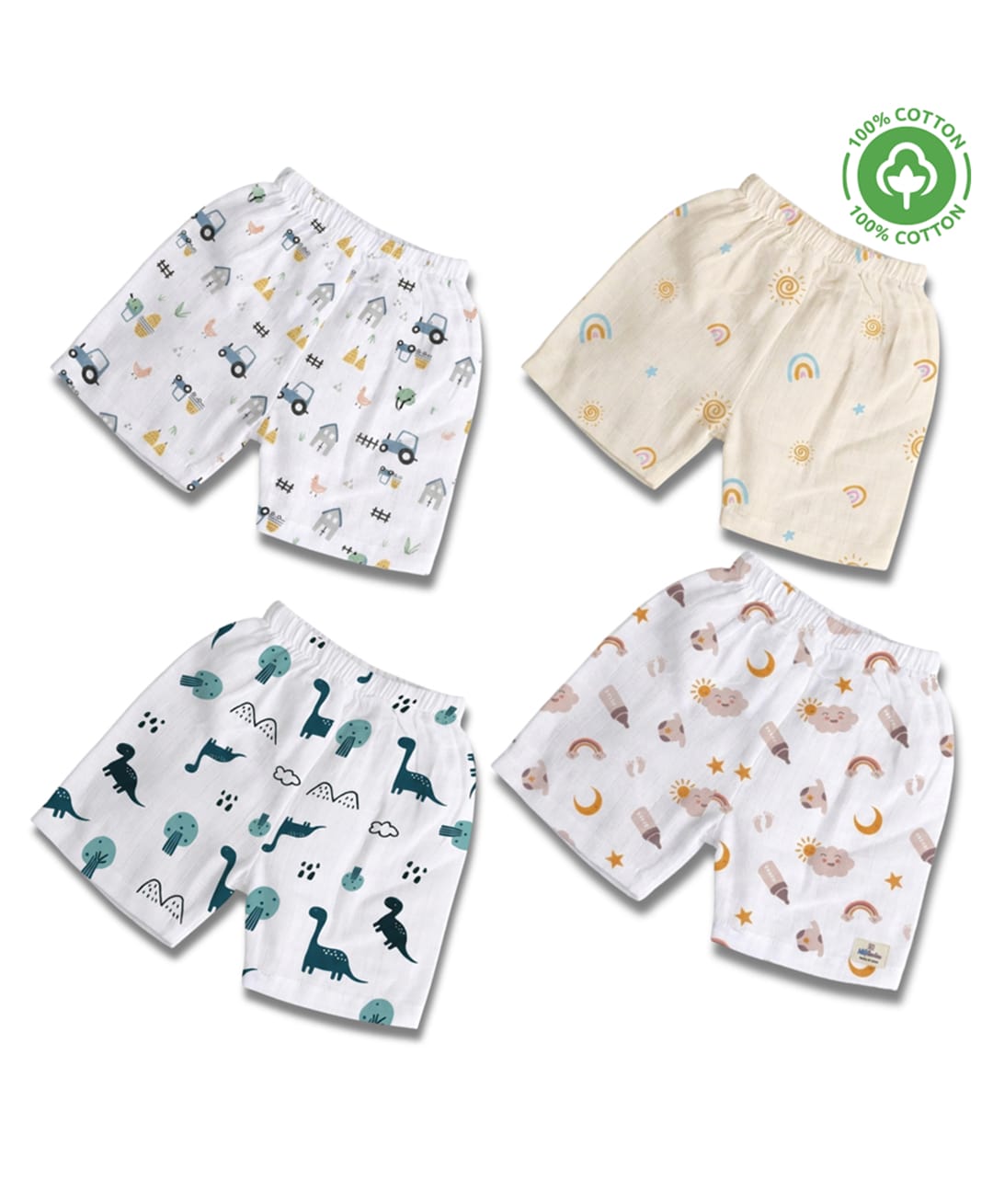 LazyToddler 100% Muslin Woven Pack Of 4 Rainbow Tractor & Dinosaur Printed Shorts - White-picture-25
