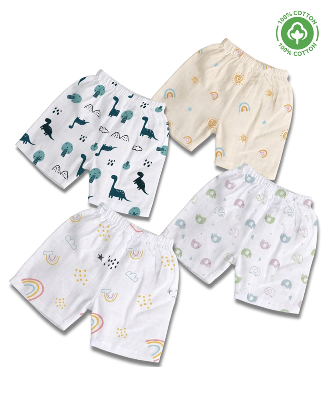 LazyToddler 100% Muslin Woven Pack Of 4 Rainbow Elephants & Dinosaur Printed Shorts - White-picture-28