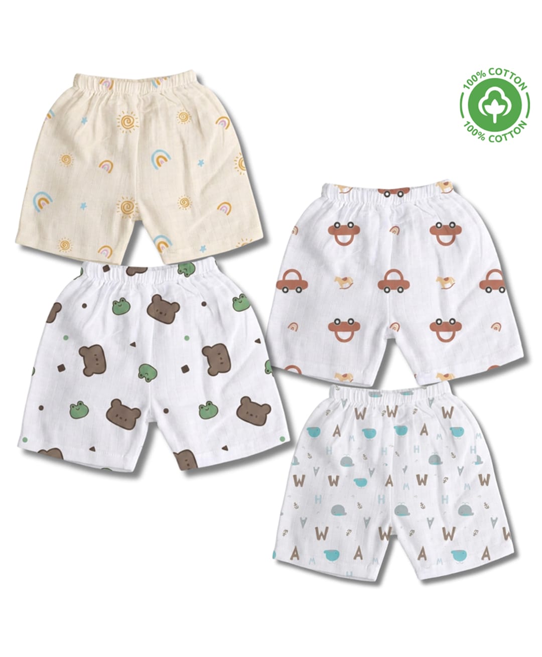 LazyToddler 100% Muslin Woven Pack Of 4 Rainbow Car & Bear Printed Shorts - White-picture-22
