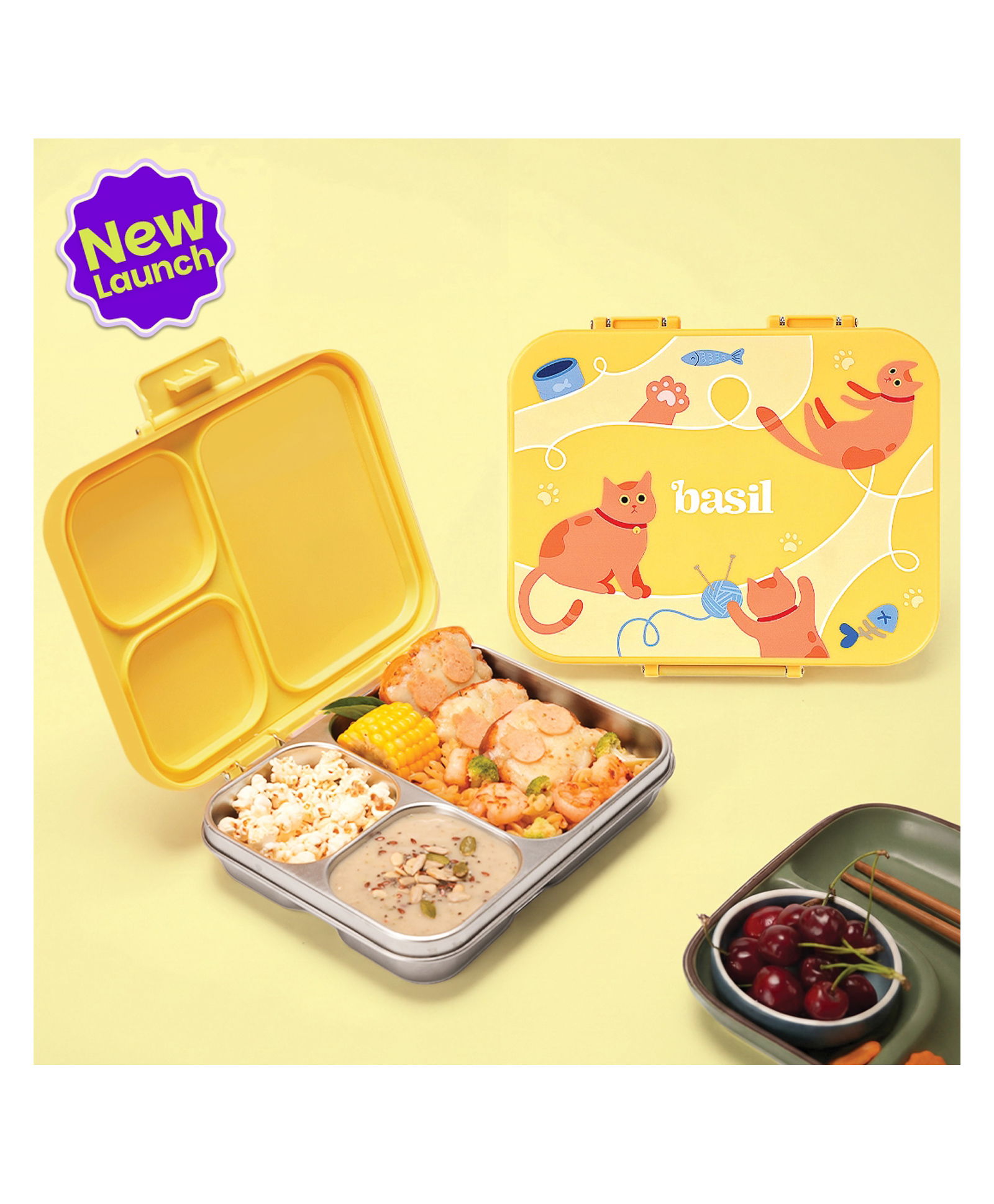 Basil Bento Ace 3C 1000ml Stainless Steel 3-Compartment Leakproof Lunch Box- Kitty Party-image-47