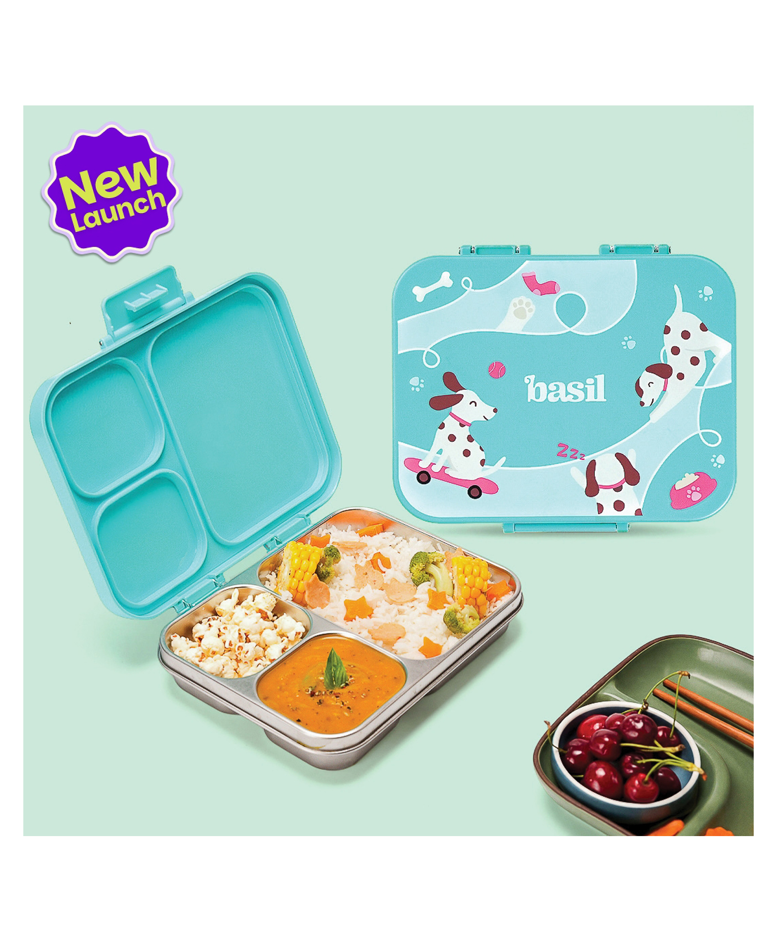 Basil Bento Ace 3C 1000ml Stainless Steel 3-Compartment Leakproof Lunch Box- Wiggly Woof-image-19