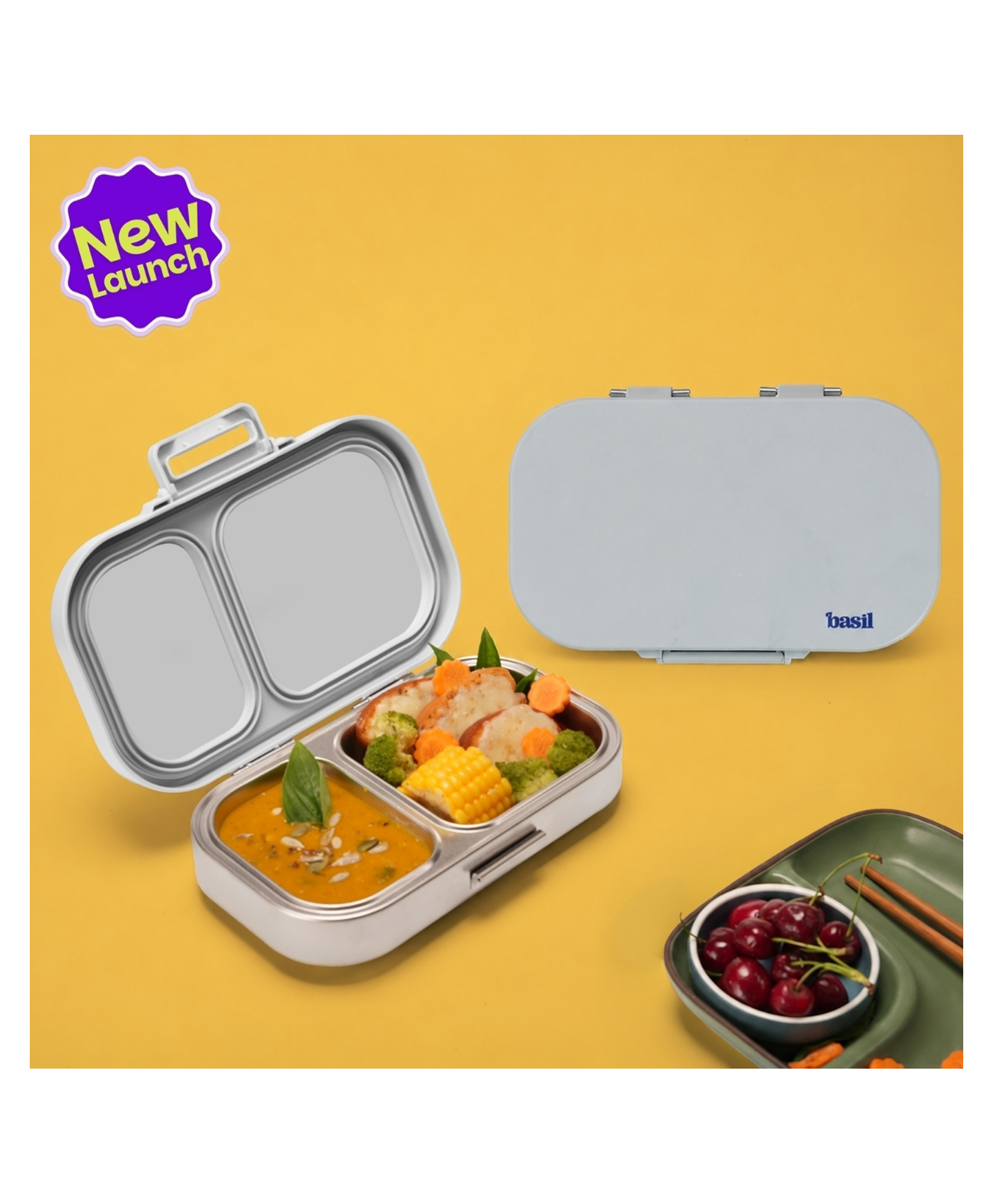 Basil Bento Ace 2C 600ml Stainless Steel 2-Compartment Leakproof Lunch Box- Classic Grey-image-17