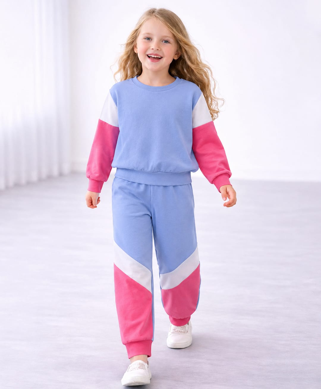 Tiara 100% Cotton Jersey Full Sleeves Colour Blocked Coordinating Sweatshirt & Joggers Set - Sky Blue-picture-39