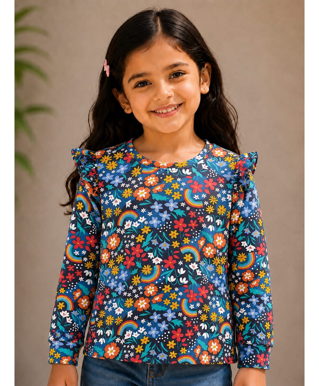 Tiara Cotton Spandex Knit Full Sleeves Floral Printed Top - Navy Blue-picture-13