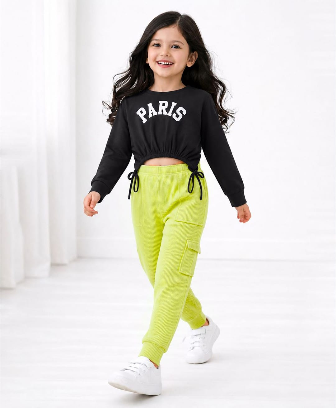 Tiara Cotton Knit Full Sleeves Paris Text Printed Crop Top & Joggers Set - Black-picture-39