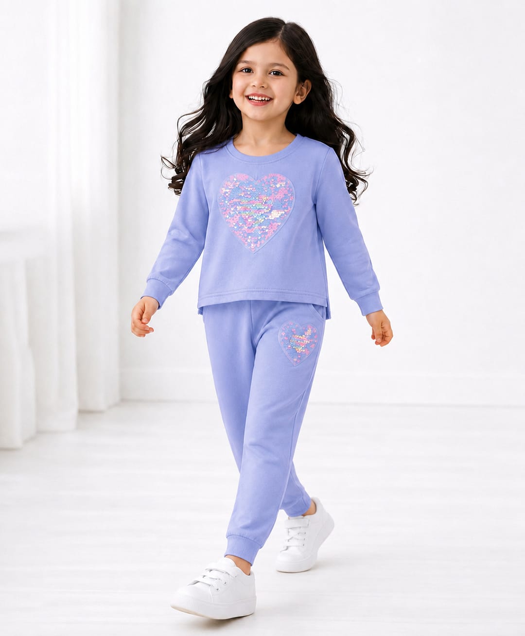 Tiara Cotton Jersey Knit Full Sleeves Sequin Embellished Heart Designed Sweatshirt & Joggers Set - Blue-picture-14