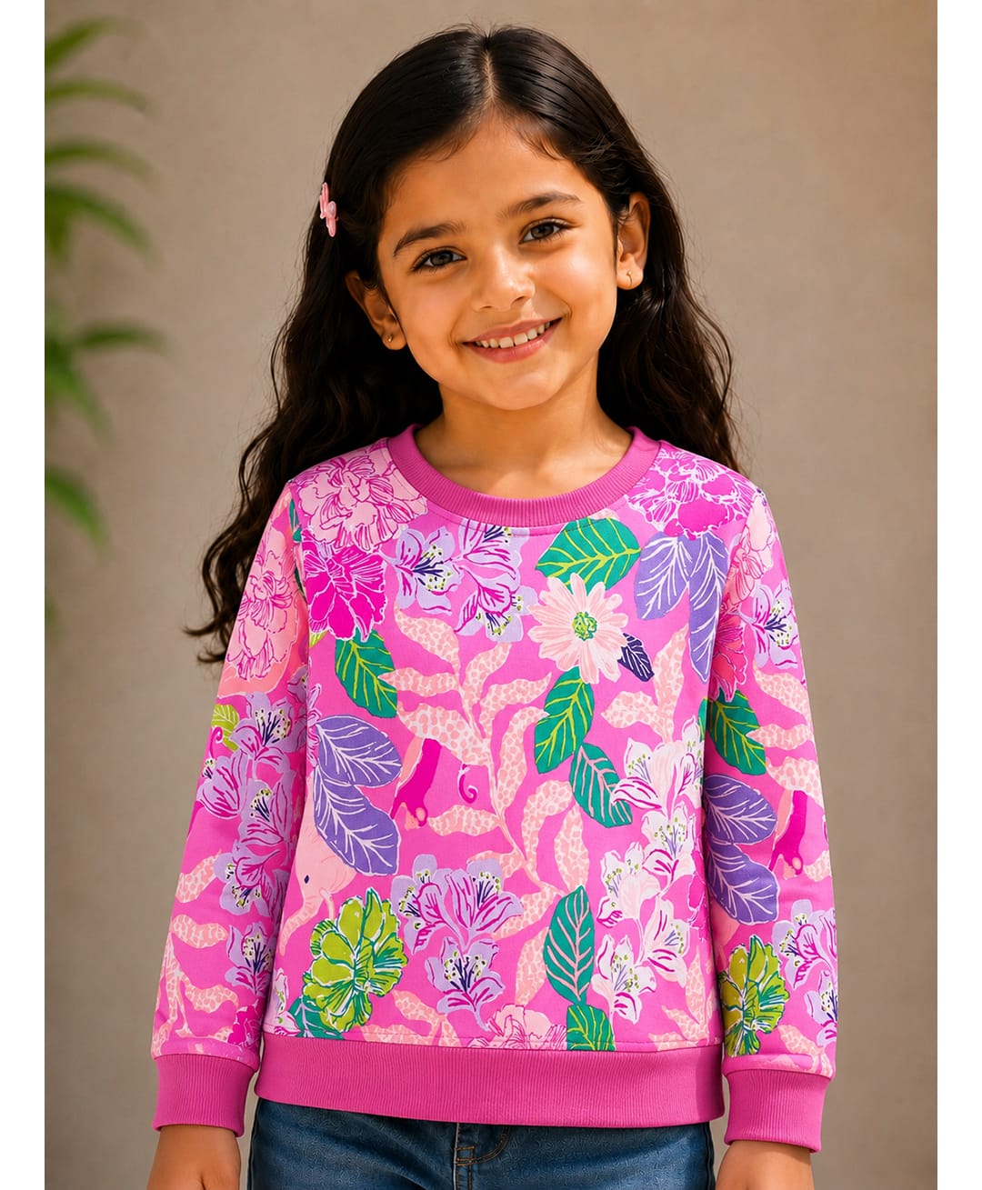 Tiara Fleece Knit Full Sleeves Floral Printed Sweatshirt - Pink-picture-0