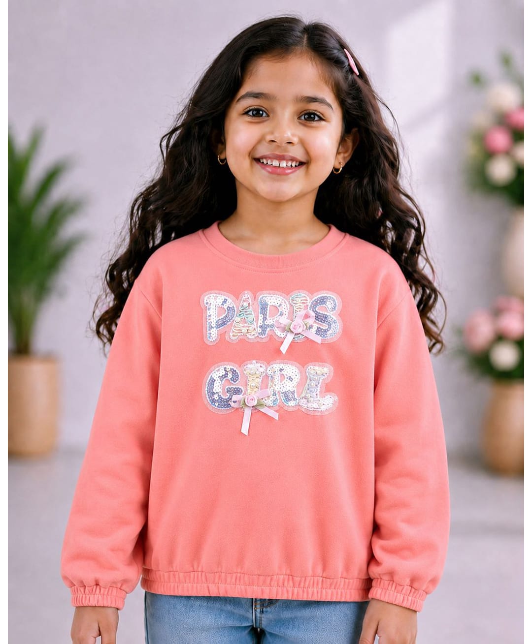 Tiara Jacquard Knit Full Sleeves Sequin Embellished Paris Text Designed Sweatshirt - Peach-picture-23