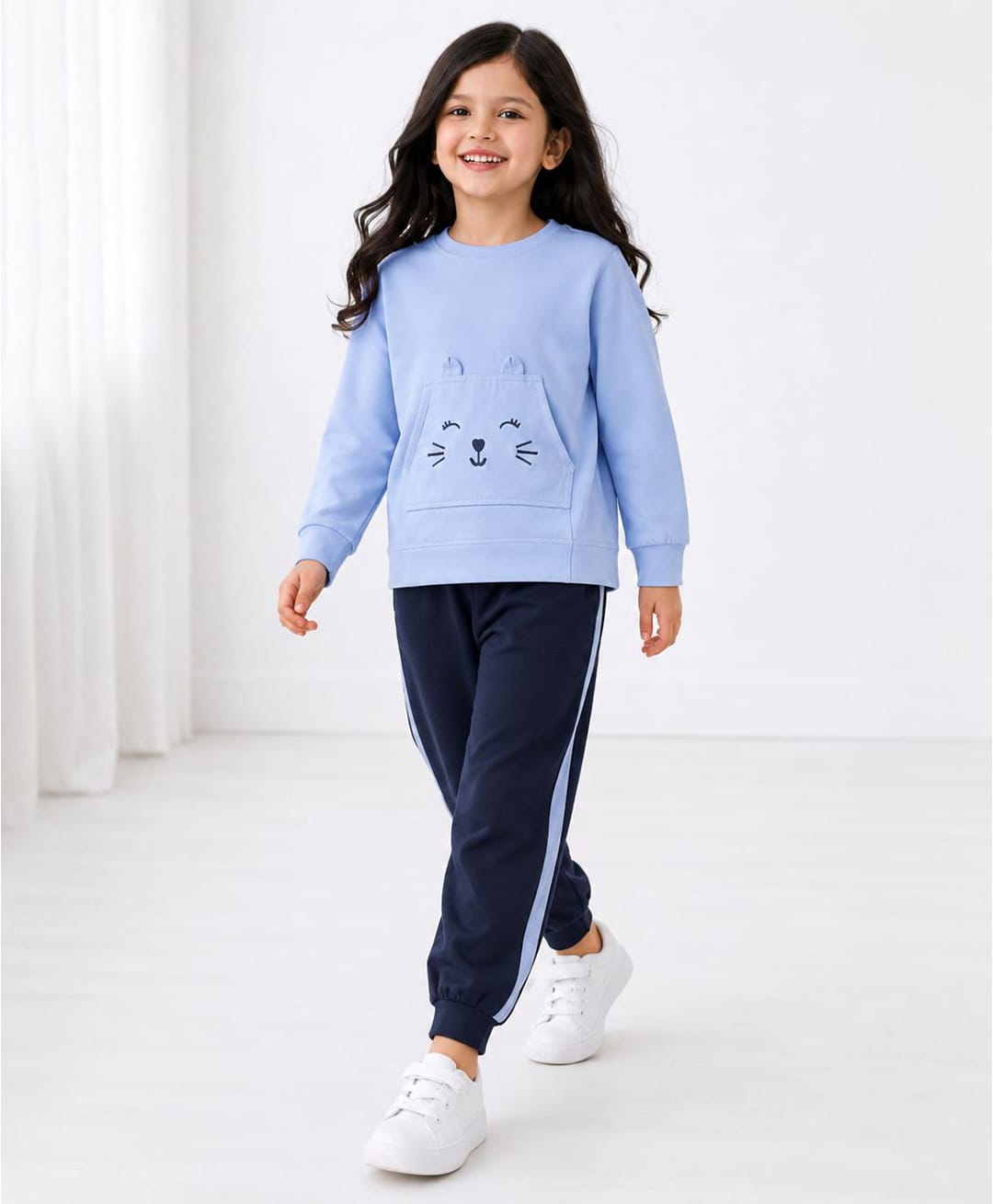 Tiara Cotton Jersey Knit Full Sleeves Animal Face Embroidered Sweatshirt & Joggers Set - Blue & Black-picture-15
