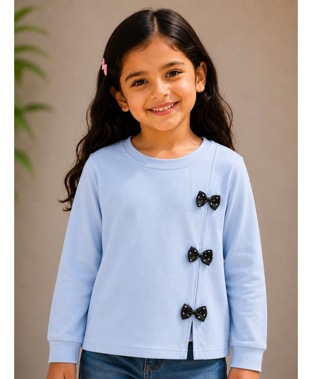 Tiara Cotton Knit Full Sleeves Bow Applique Detailed Top - Sky Blue-picture-15
