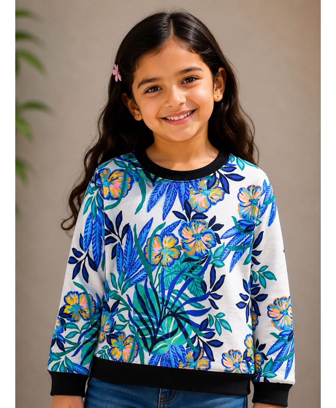 Tiara Fleece Knit Full Sleeves Floral Printed Sweatshirt - Blue-picture-10