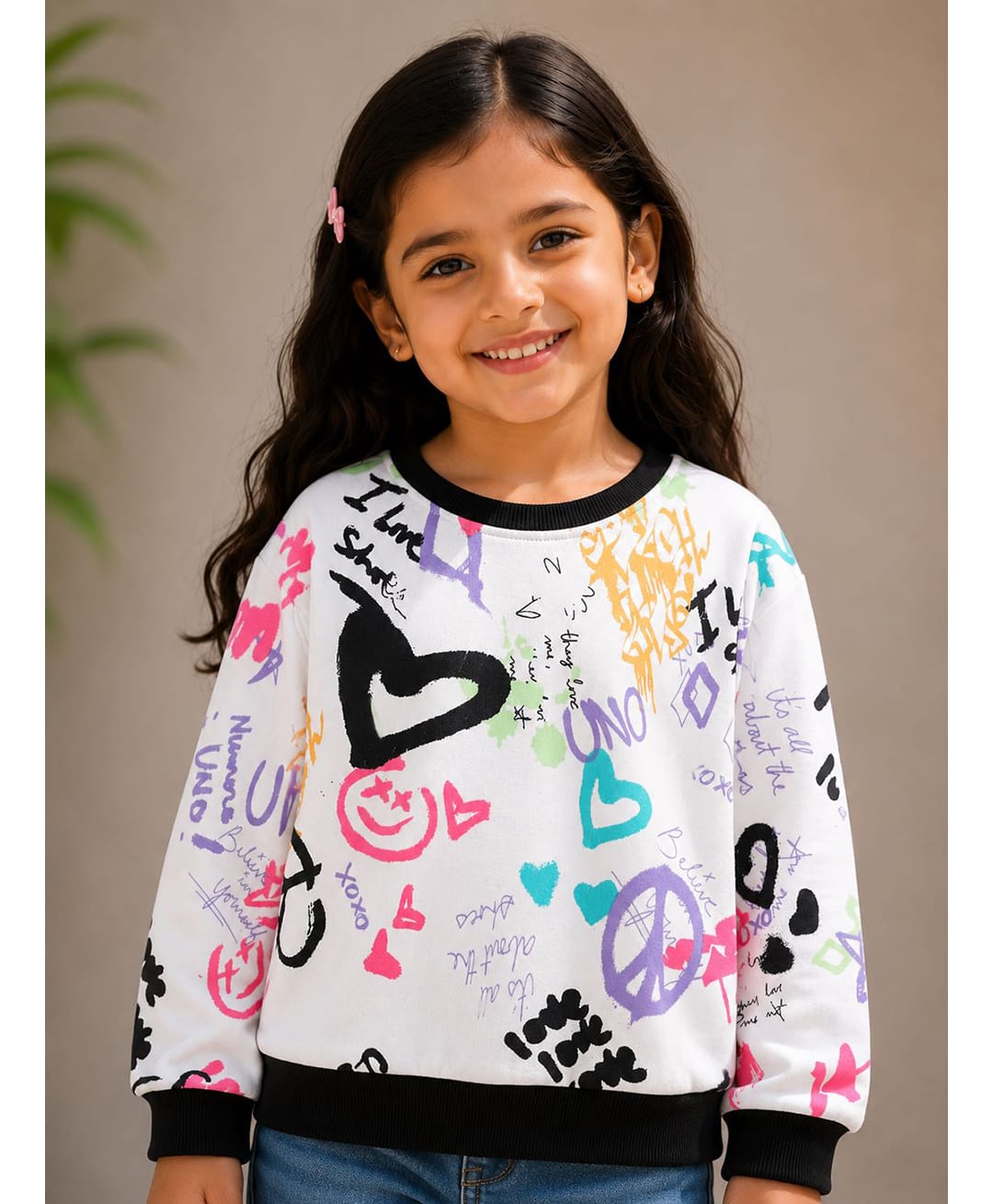 Tiara Fleece Knit Full Sleeves Heart Printed Sweatshirt - White-picture-1
