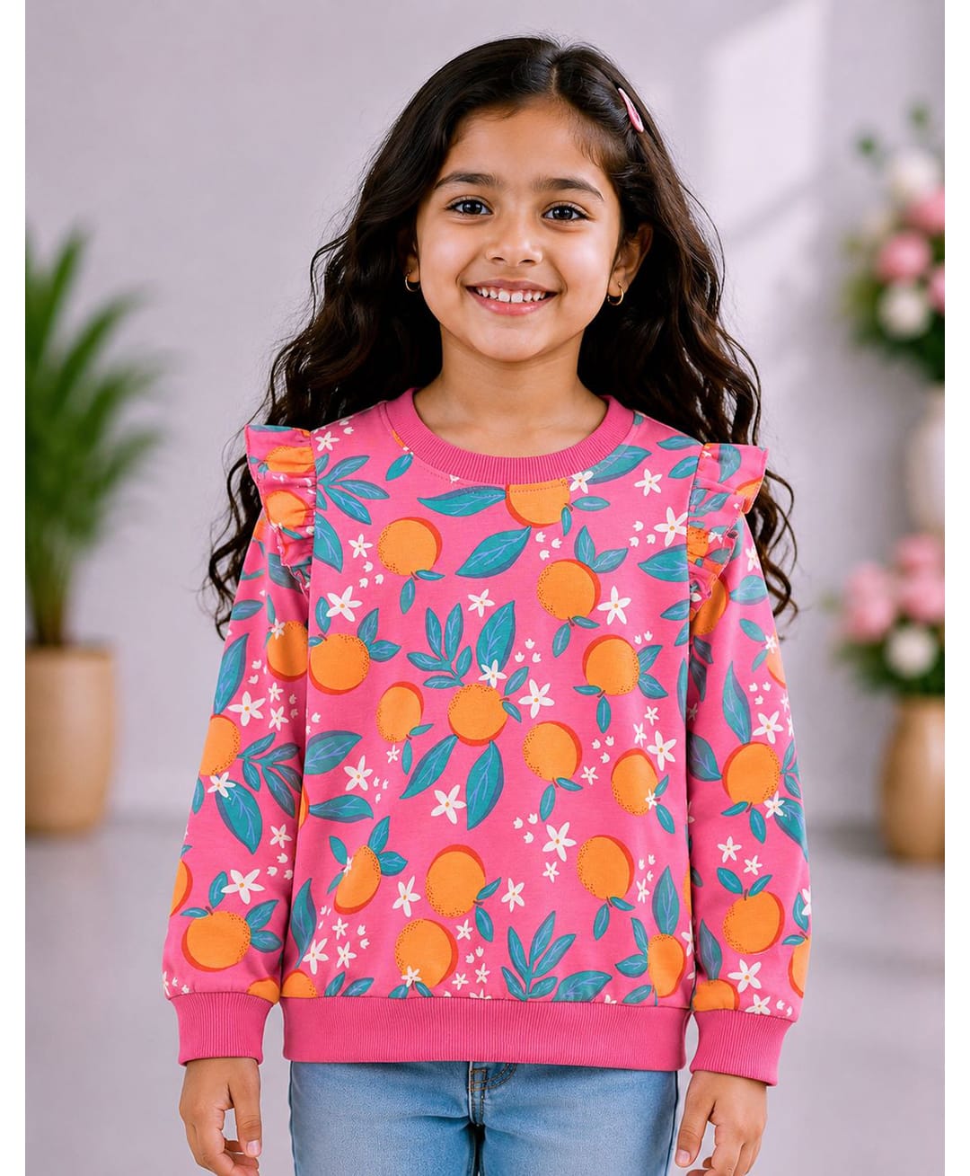 Tiara Cotton Spandex Knit Full Sleeves Oranges Printed Top - Pink-picture-24
