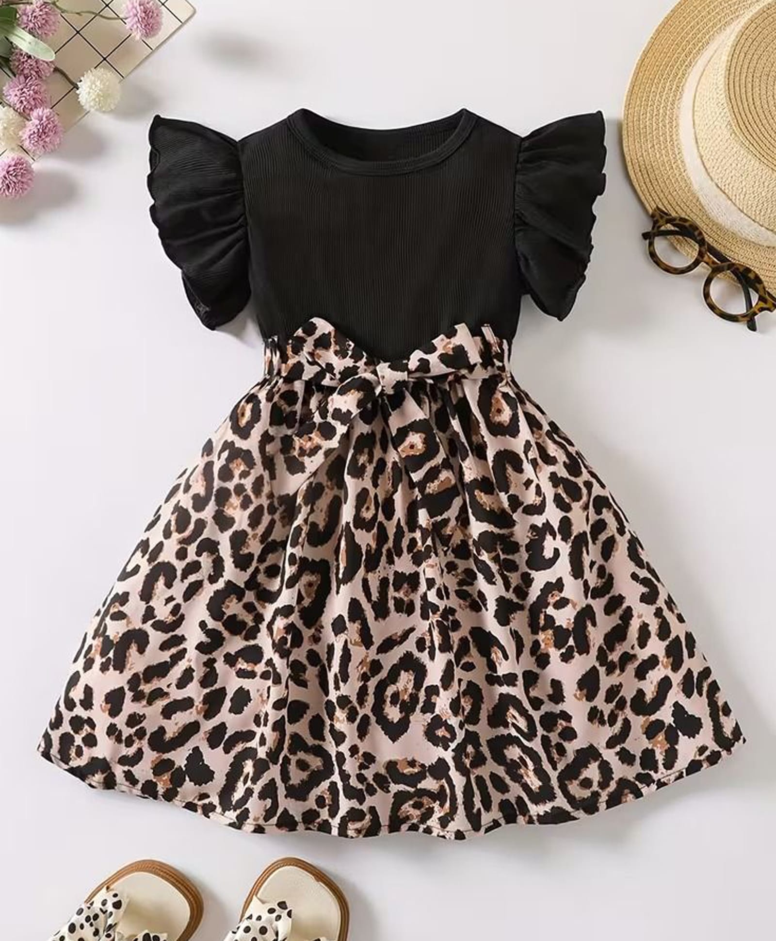 The Kids Club Cotton Knit Frill Sleeves Leopard Printed Bow Applique Detailed Dress - Black-picture-18