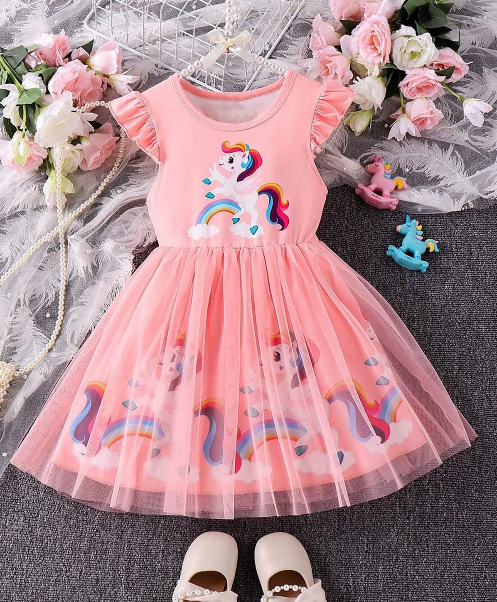 The Kids Club Cotton Knit Frill Sleeves Unicorn Printed Dress - Peach-image-34