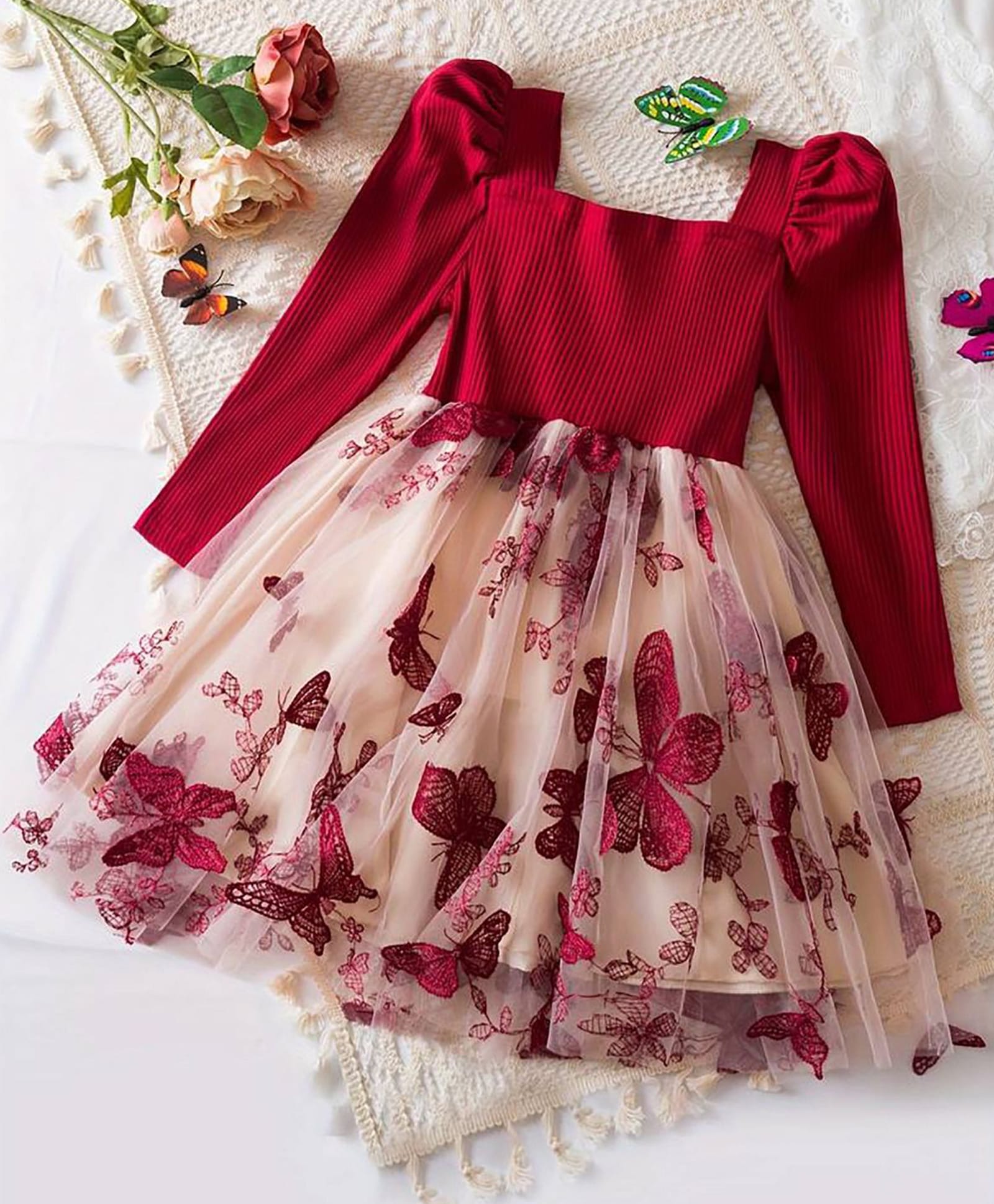 The Kids Club Cotton Knit Full Sleeves Floral Butterfly Embroidered Dress - Maroon-image-10
